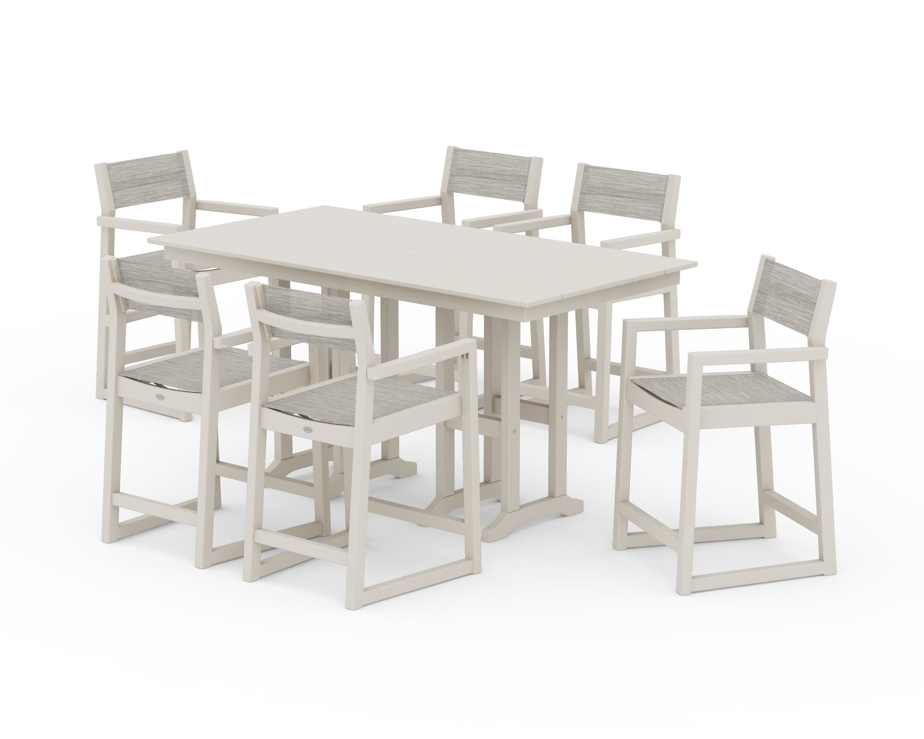 POLYWOOD EDGE Sling Arm Chair 7-Piece Farmhouse Counter Set in Sand / Birch Sling