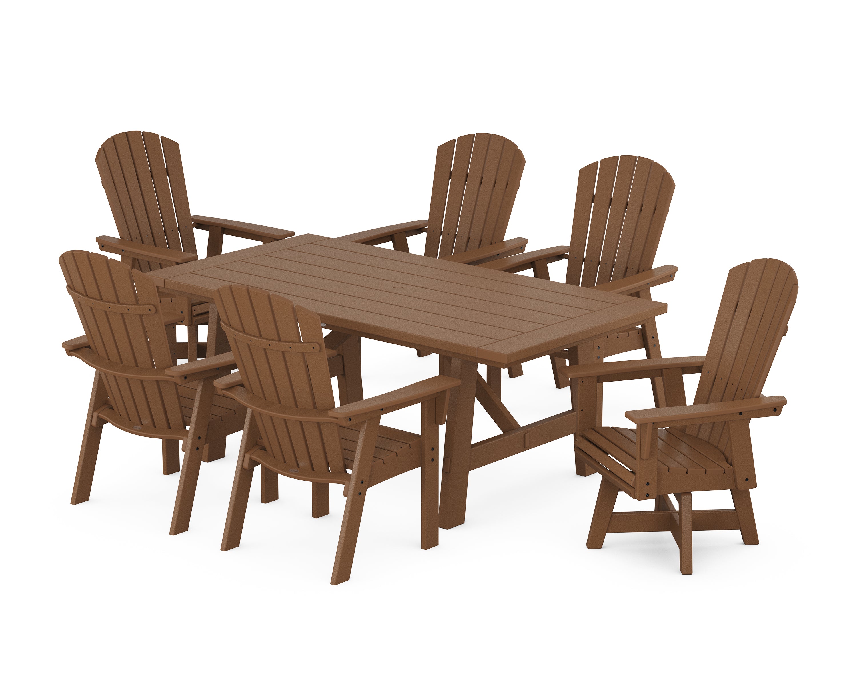 POLYWOOD Nautical Curveback Adirondack Swivel Chair 7-Piece Rustic Farmhouse Dining Set in Teak