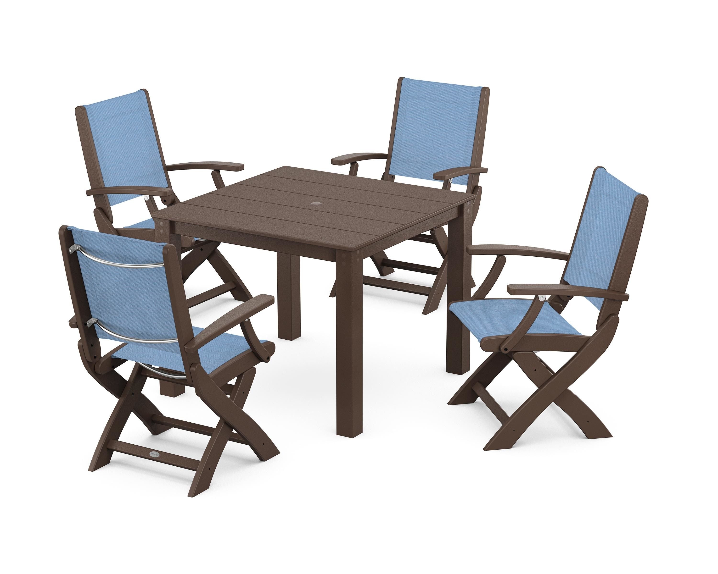 POLYWOOD Coastal Folding Chair 5-Piece Parsons Dining Set in Mahogany / Poolside Sling