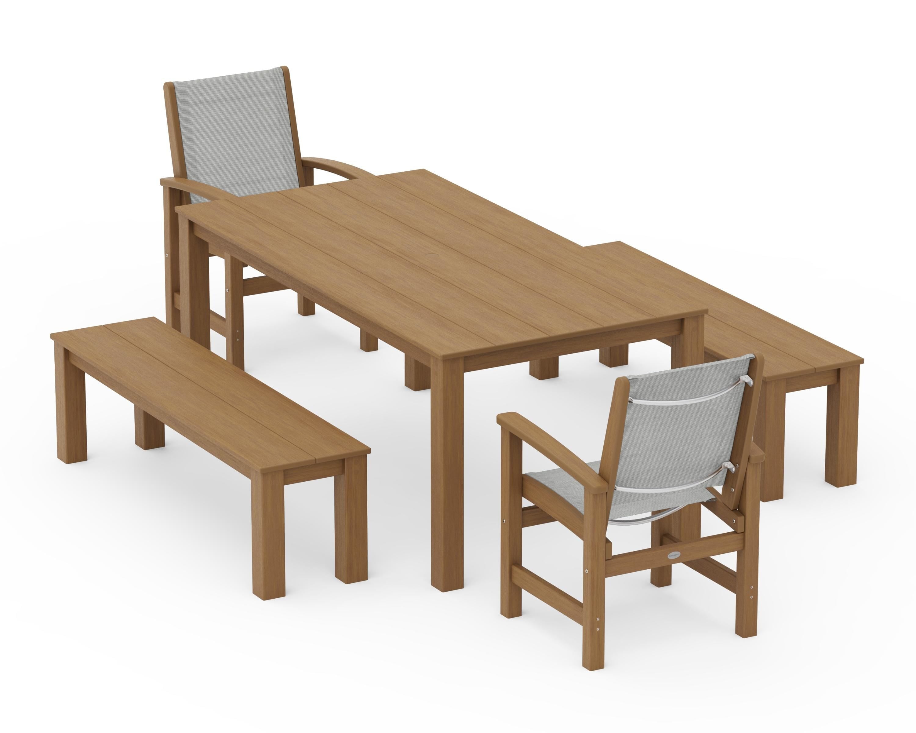 POLYWOOD Coastal 5-Piece Parsons Dining Set with Benches in Natural / Metallic Sling