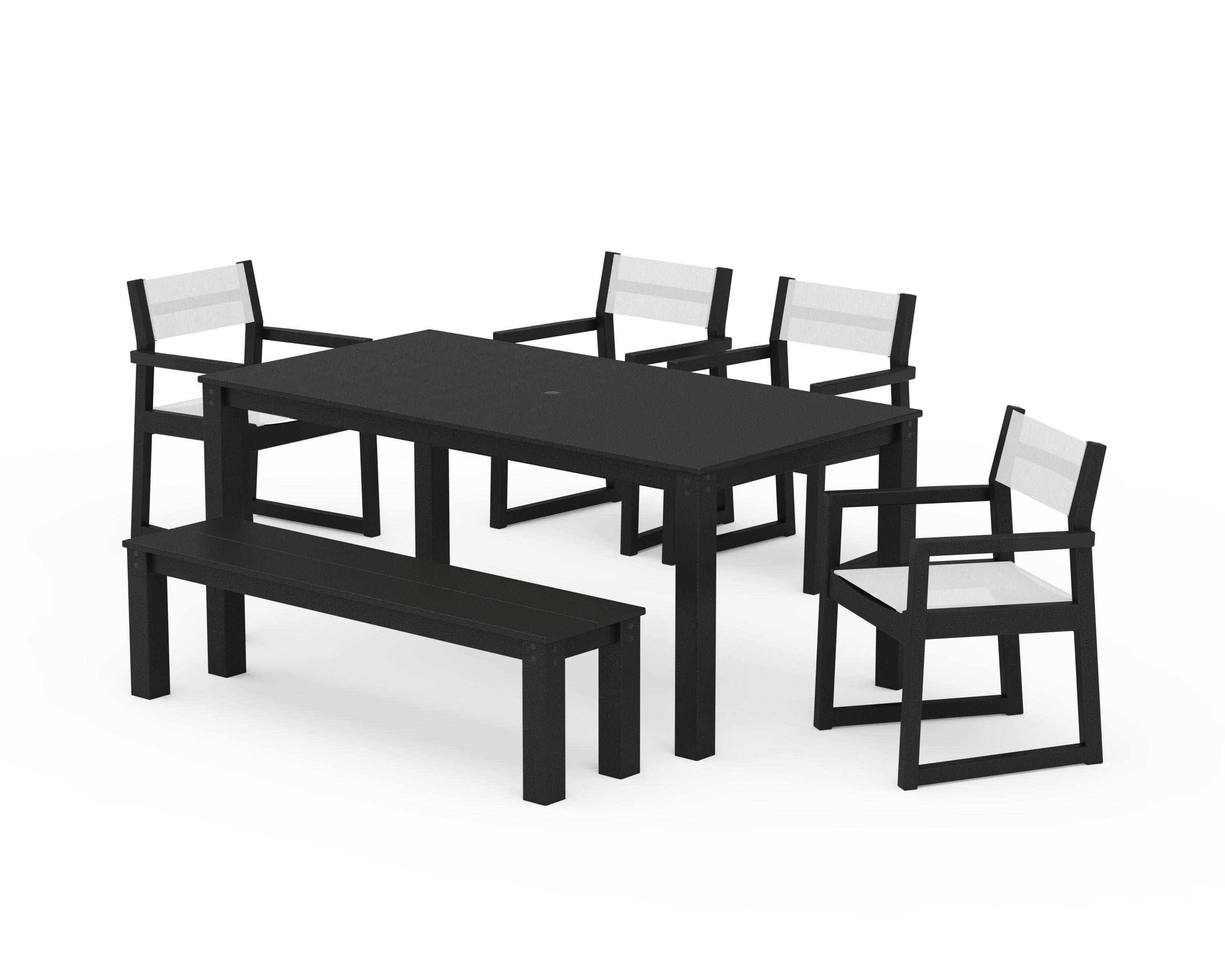 POLYWOOD EDGE Sling Arm Chair 6-Piece Parsons Dining Set with Bench in Black / White Sling