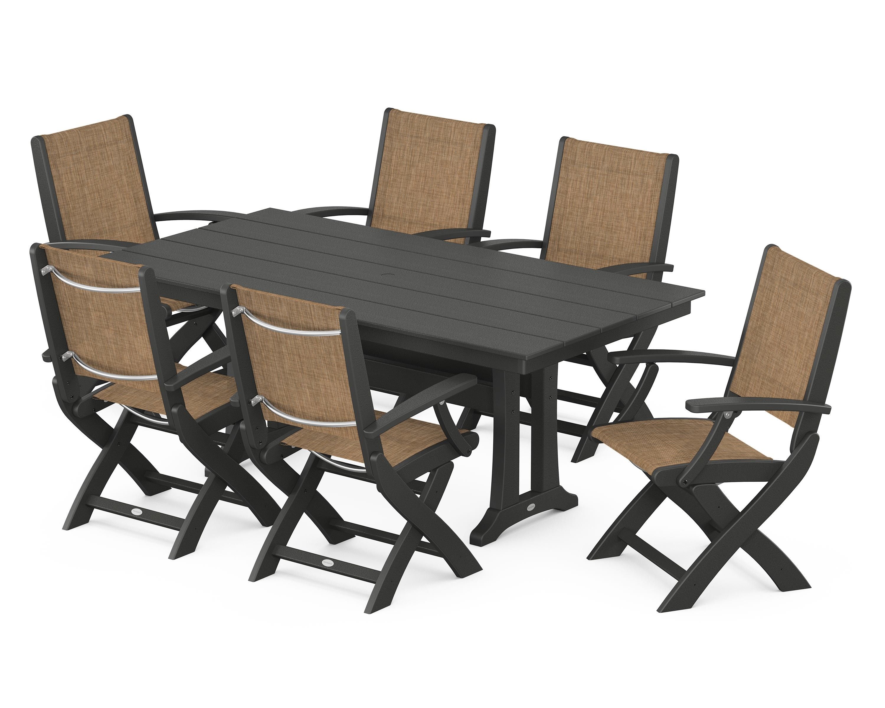 POLYWOOD Coastal Folding Arm Chair 7-Piece Farmhouse Dining Set with Trestle Legs in Black / Burlap Sling