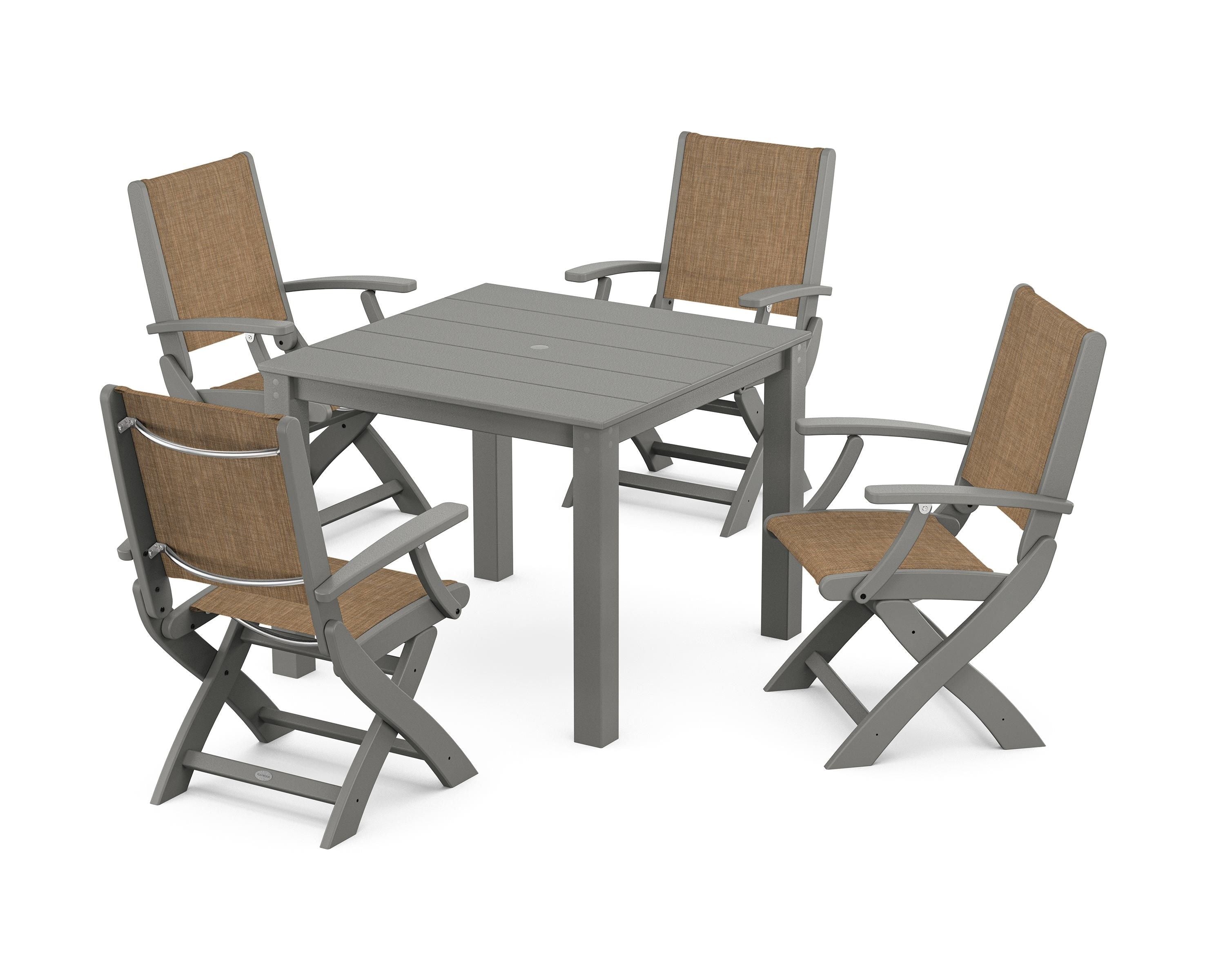 POLYWOOD Coastal Folding Chair 5-Piece Parsons Dining Set in Slate Grey / Burlap Sling