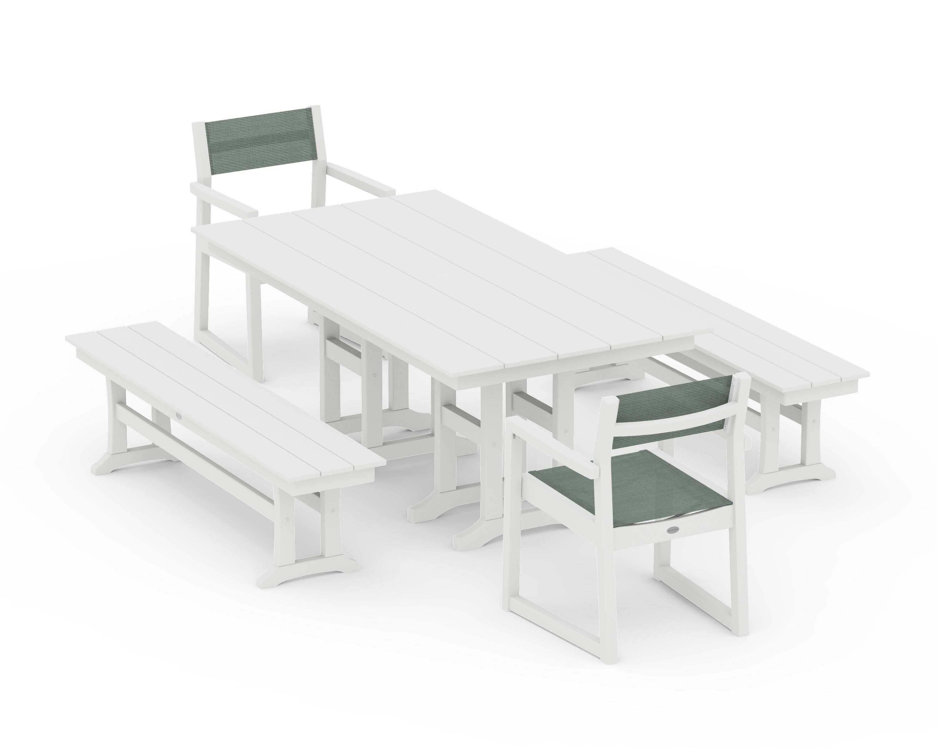 POLYWOOD EDGE Sling Arm Chair 5-Piece Farmhouse Dining Set with Benches in White / Dupioni Sea Mist Sling