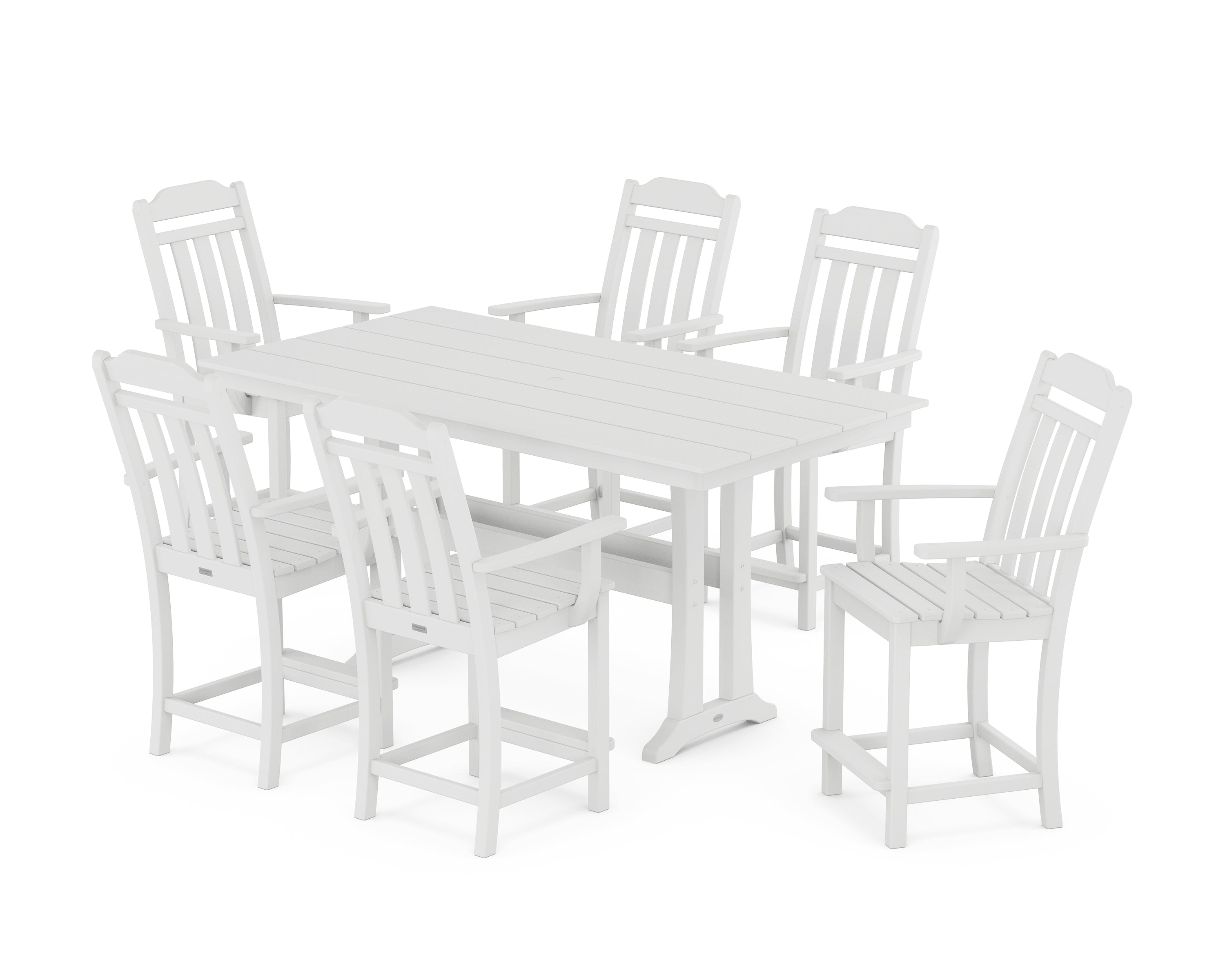 POLYWOOD Country Living Arm Chair 7-Piece Farmhouse Counter Set with Trestle Legs in White
