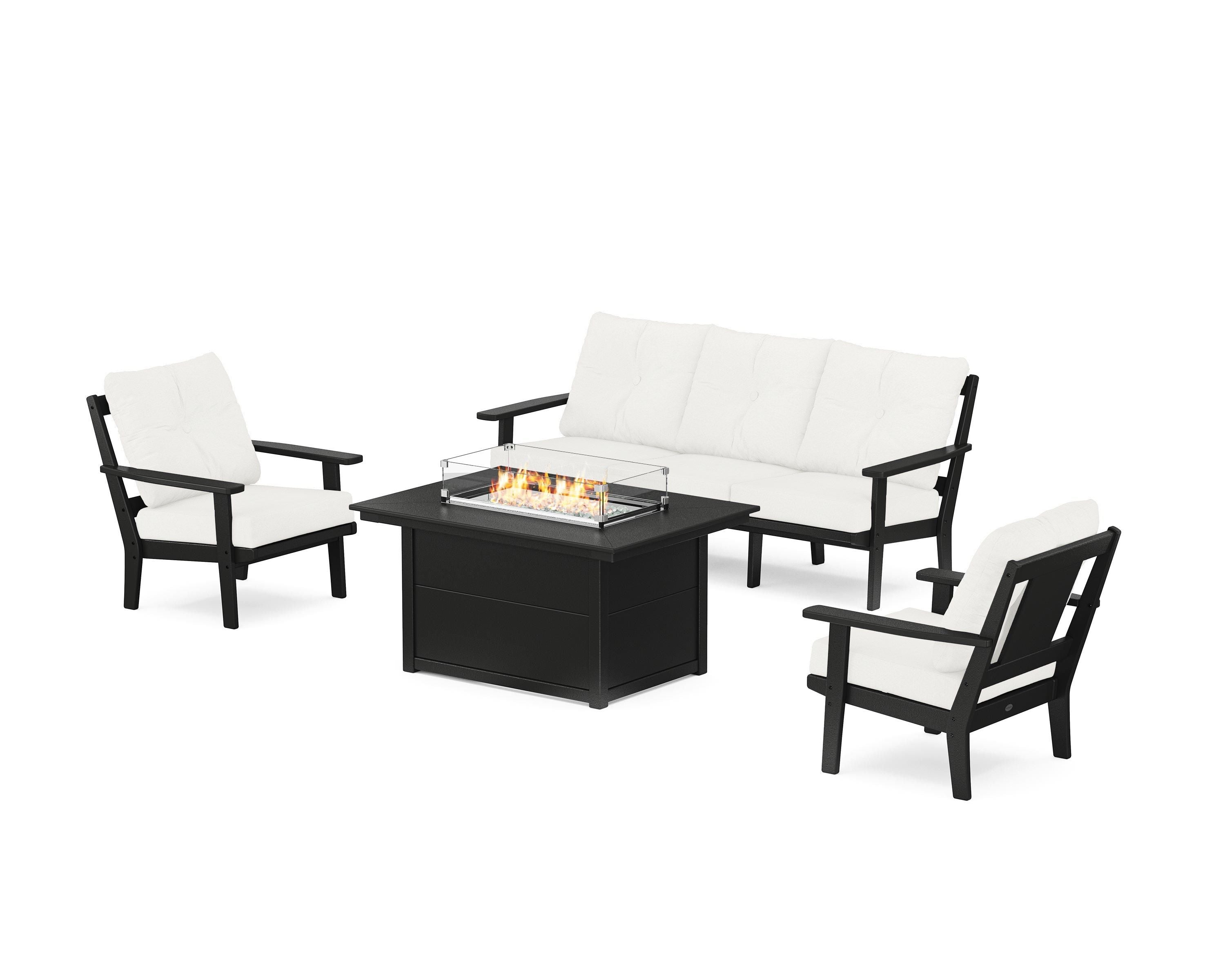 POLYWOOD Prairie Deep Seating Fire Pit Table Set in Black / Natural Linen