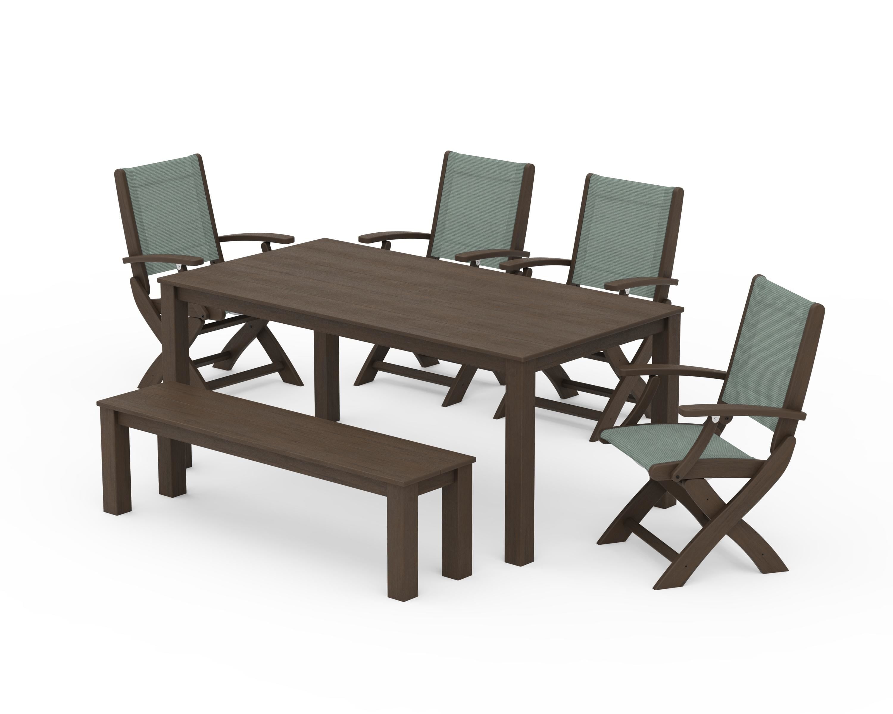 POLYWOOD Coastal Folding Chair 6-Piece Parsons Dining Set with Bench in Kona / Dupioni Sea Mist Sling