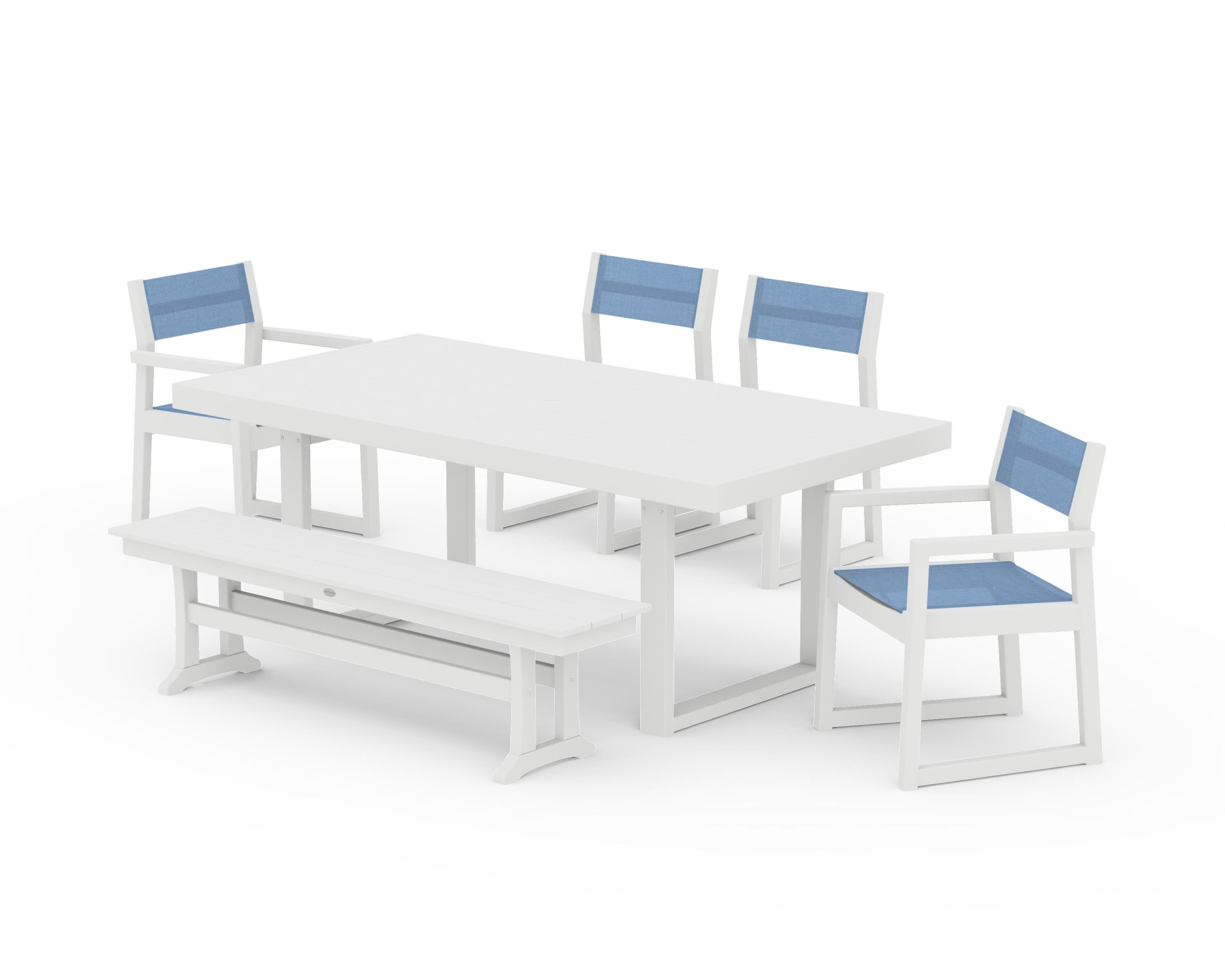 POLYWOOD EDGE Sling 6-Piece Dining Set with Bench in White / Poolside Sling