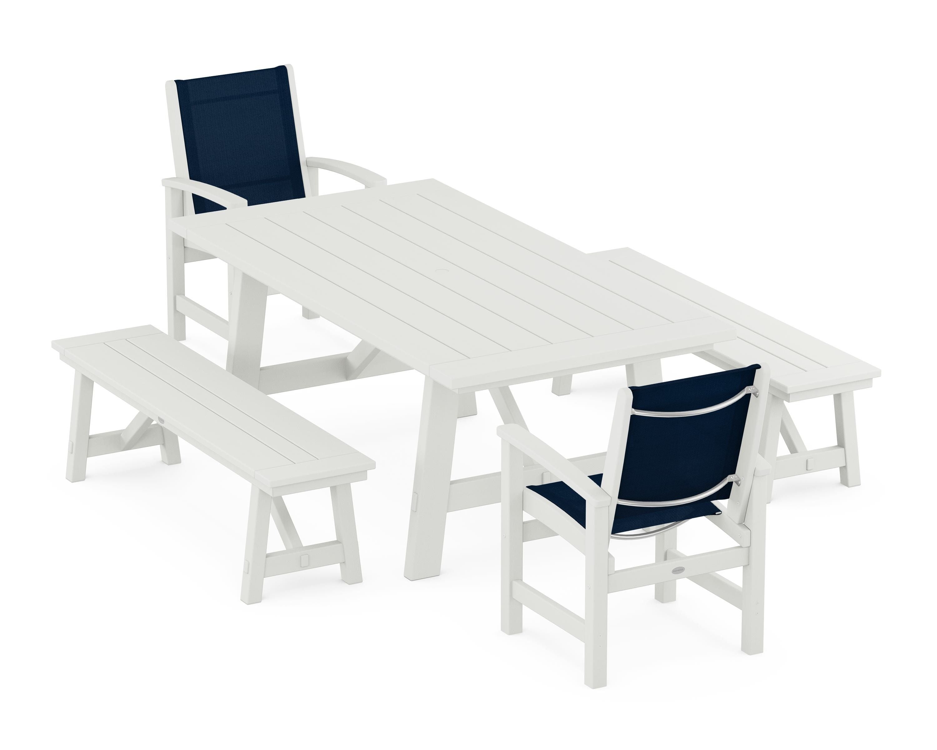 POLYWOOD Coastal 5-Piece Rustic Farmhouse Dining Set With Benches in Vintage White / Navy Blue Sling