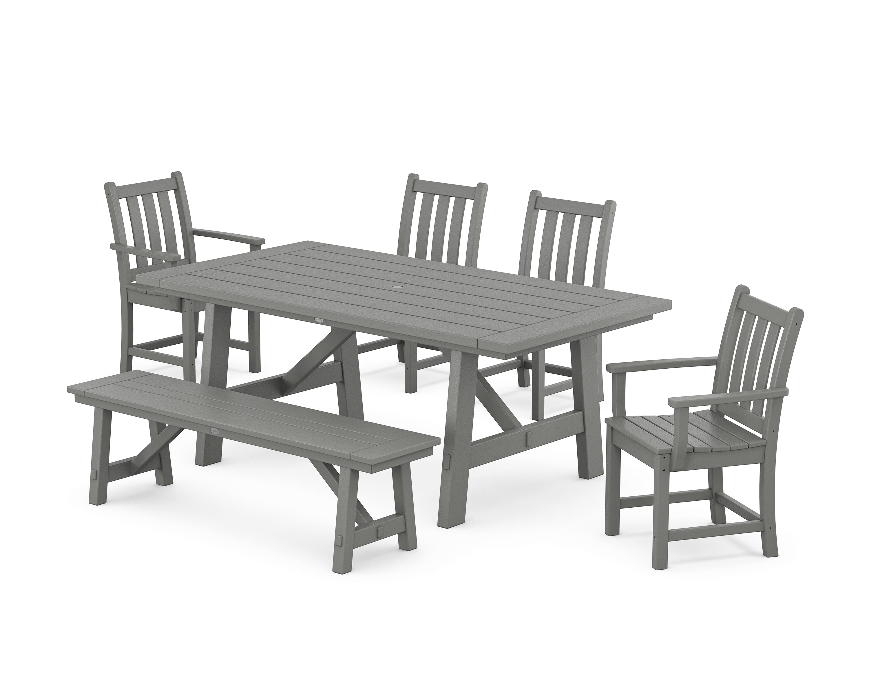 POLYWOOD Traditional Garden 6-Piece Rustic Farmhouse Dining Set With Bench in Slate Grey
