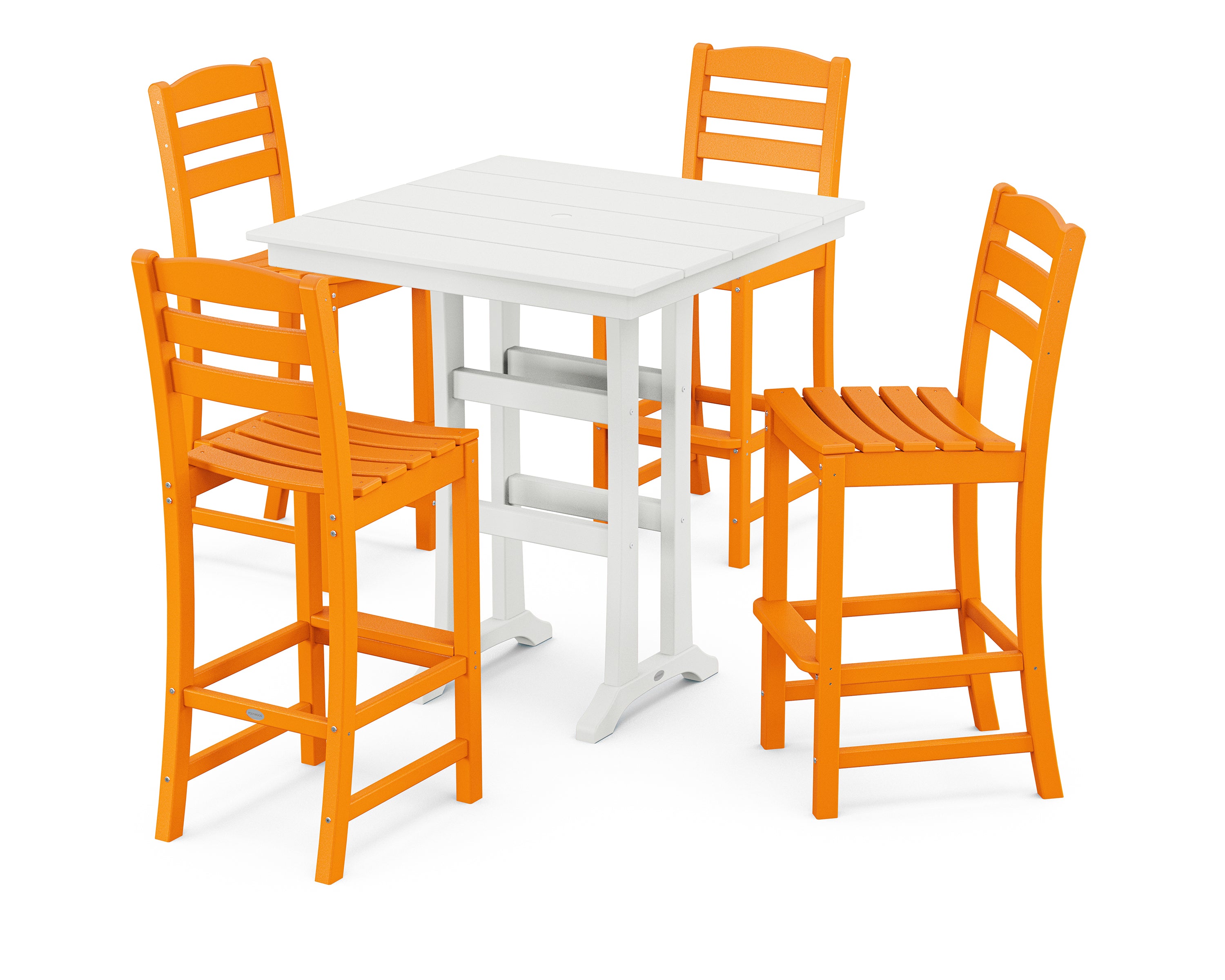 POLYWOOD La Casa Café 5-Piece Farmhouse Trestle Bar Set in Tangerine / White
