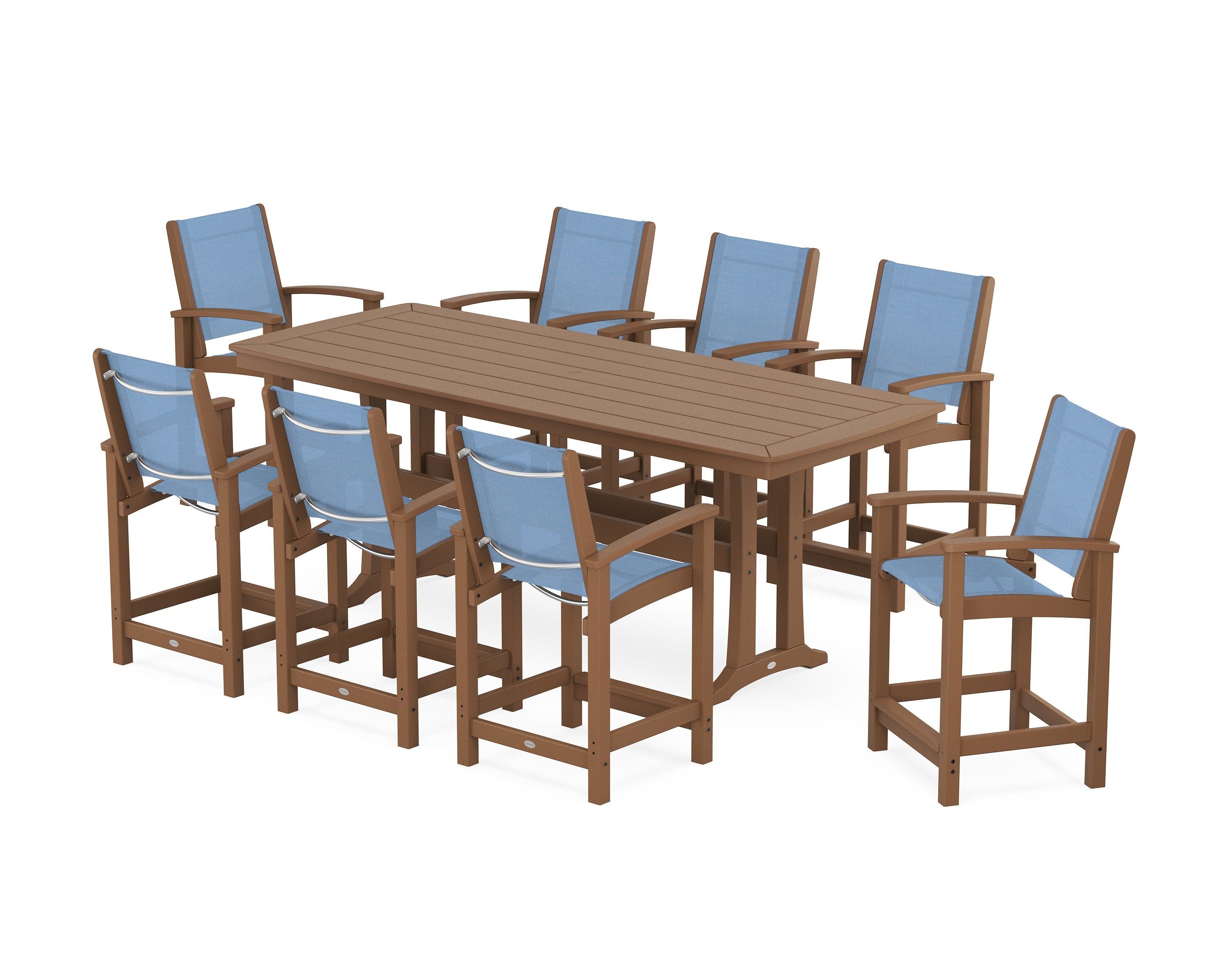 POLYWOOD Coastal 9-Piece Counter Set with Trestle Legs in Teak / Poolside Sling