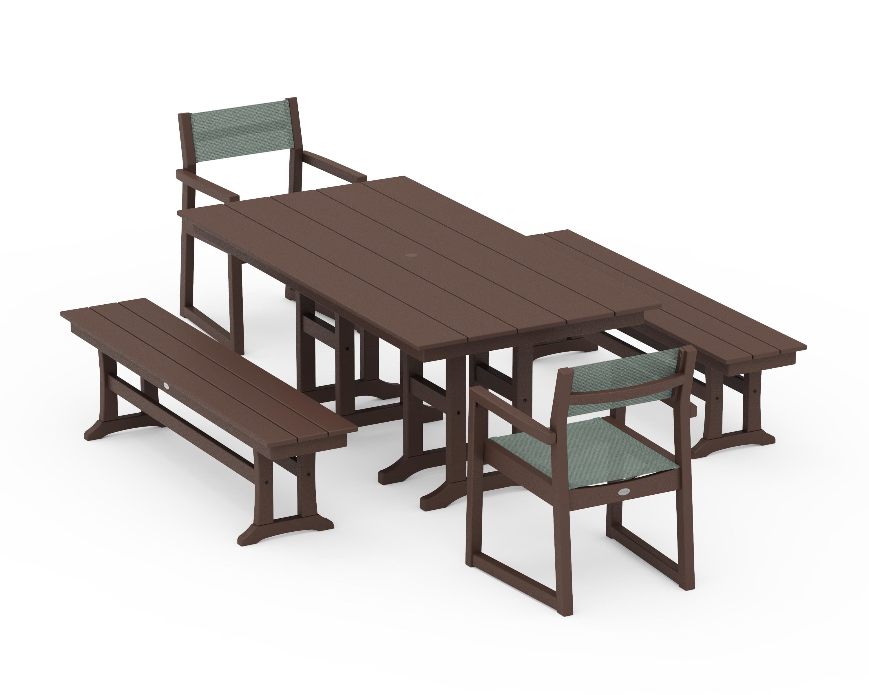 POLYWOOD EDGE Sling Arm Chair 5-Piece Farmhouse Dining Set with Benches in Mahogany / Dupioni Sea Mist Sling