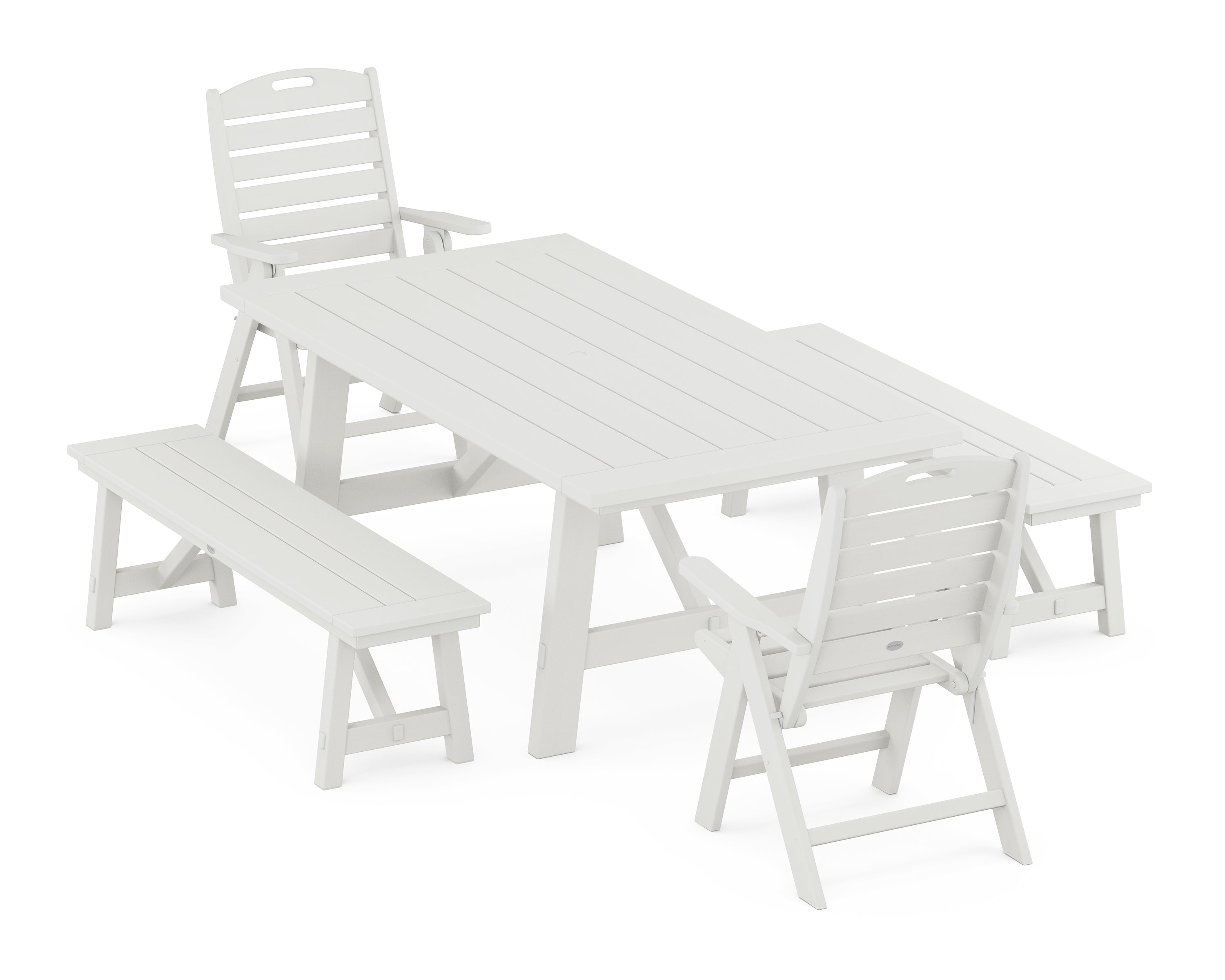 POLYWOOD Nautical Folding Highback Chair 5-Piece Rustic Farmhouse Dining Set With Benches in Vintage White