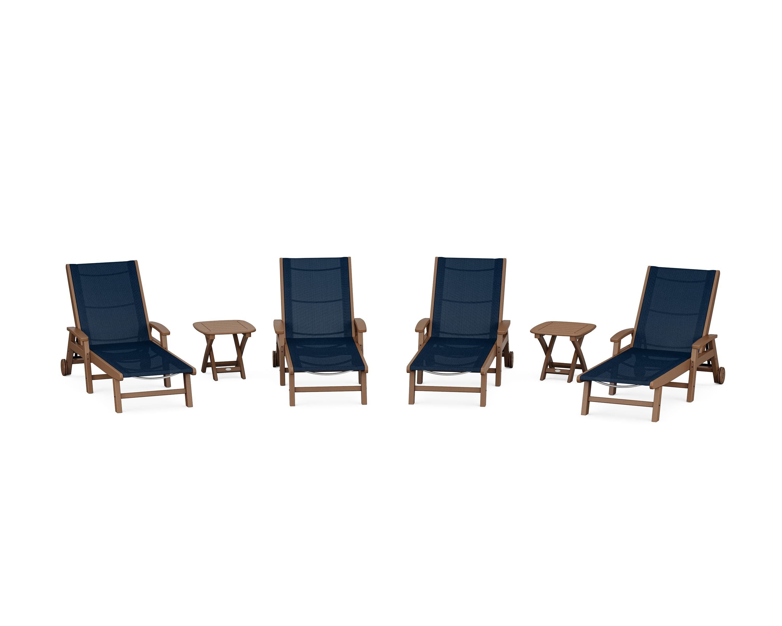 POLYWOOD Coastal Chaise 6-Piece Set with Wheels in Teak / Navy Blue Sling
