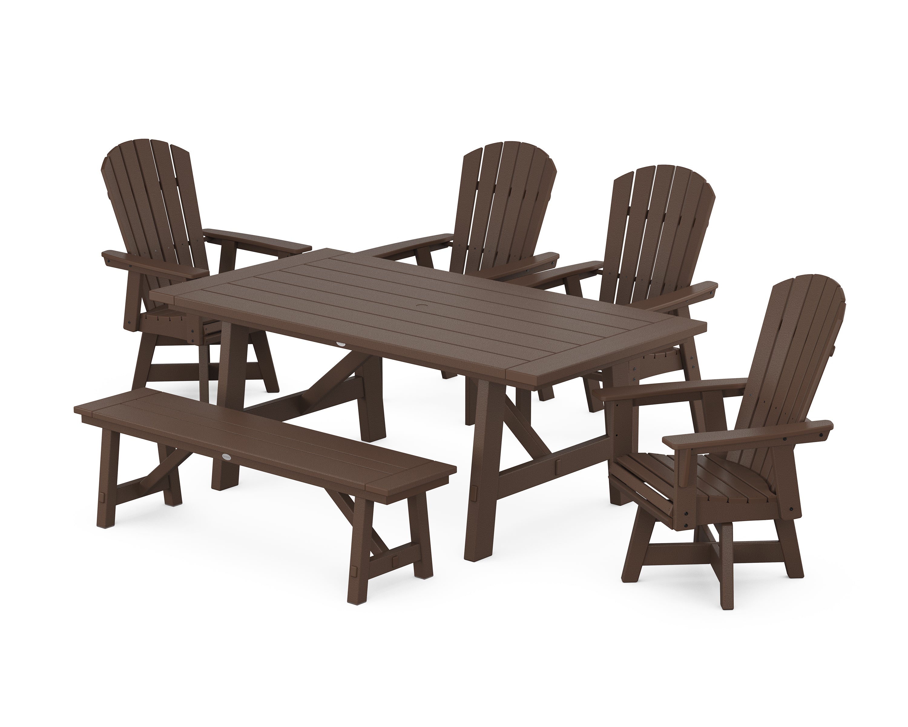 POLYWOOD Nautical Adirondack Swivel 6-Piece Rustic Farmhouse Dining Set With Trestle Legs in Mahogany