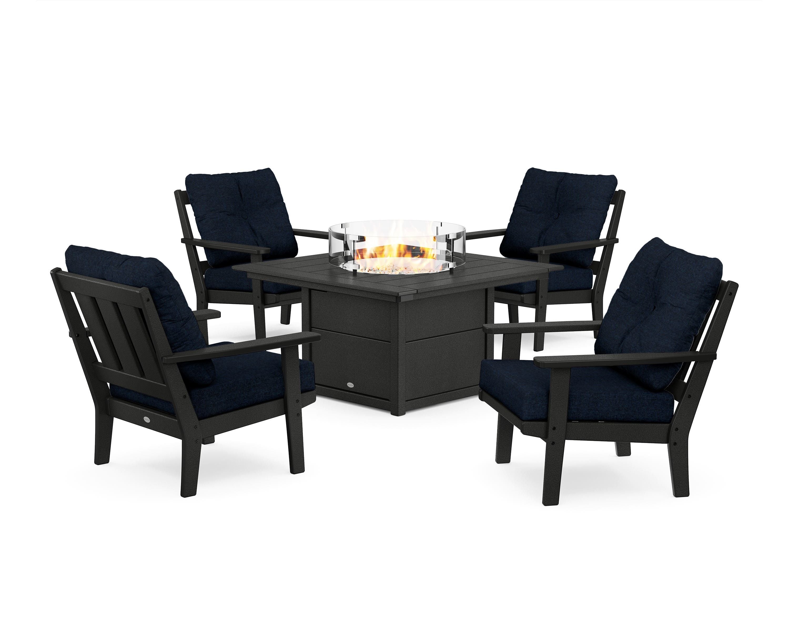 POLYWOOD Oxford 5-Piece Deep Seating Set with Fire Pit Table in Black / Marine Indigo