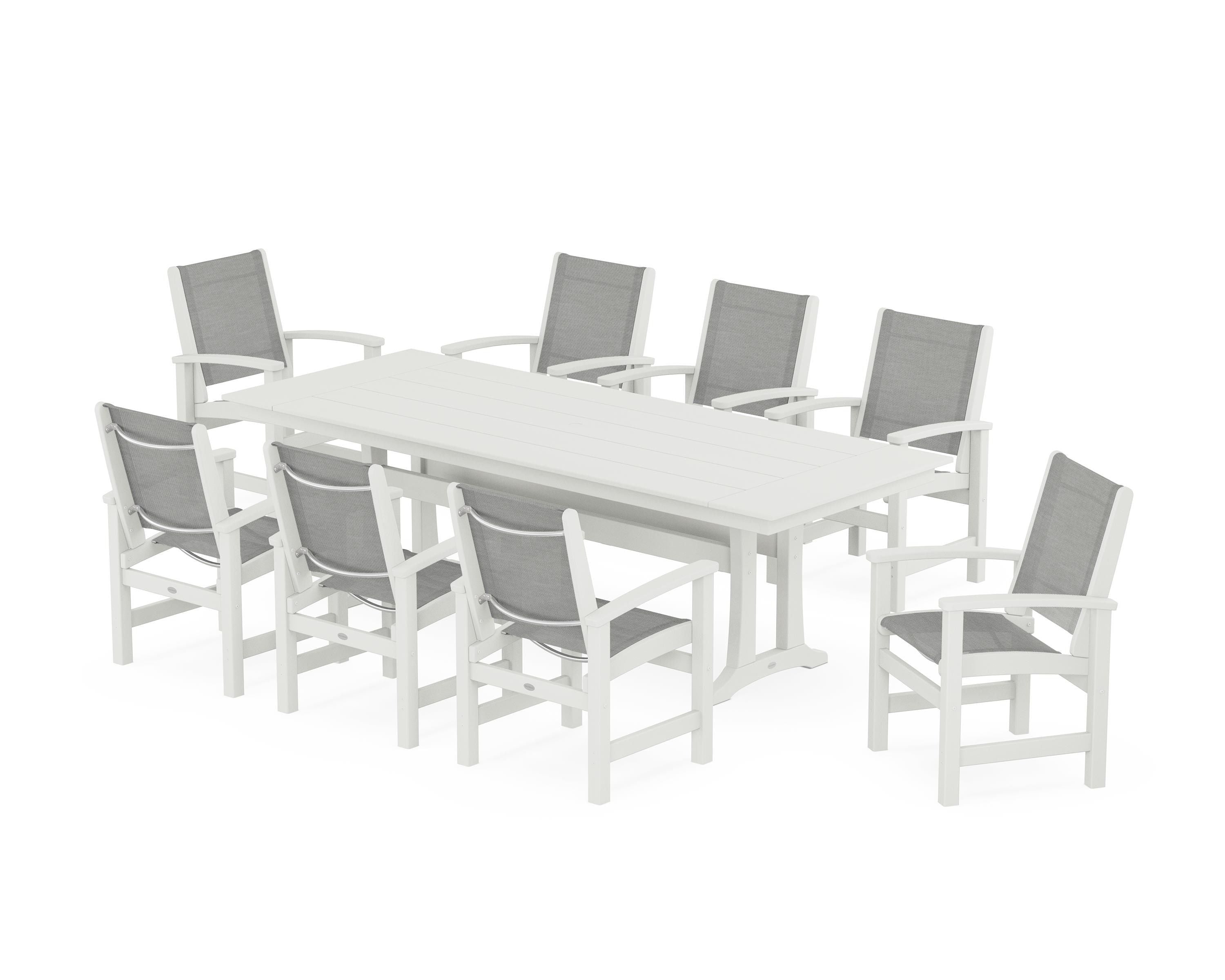 POLYWOOD Coastal 9-Piece Farmhouse Dining Set with Trestle Legs in Vintage White / Metallic Sling