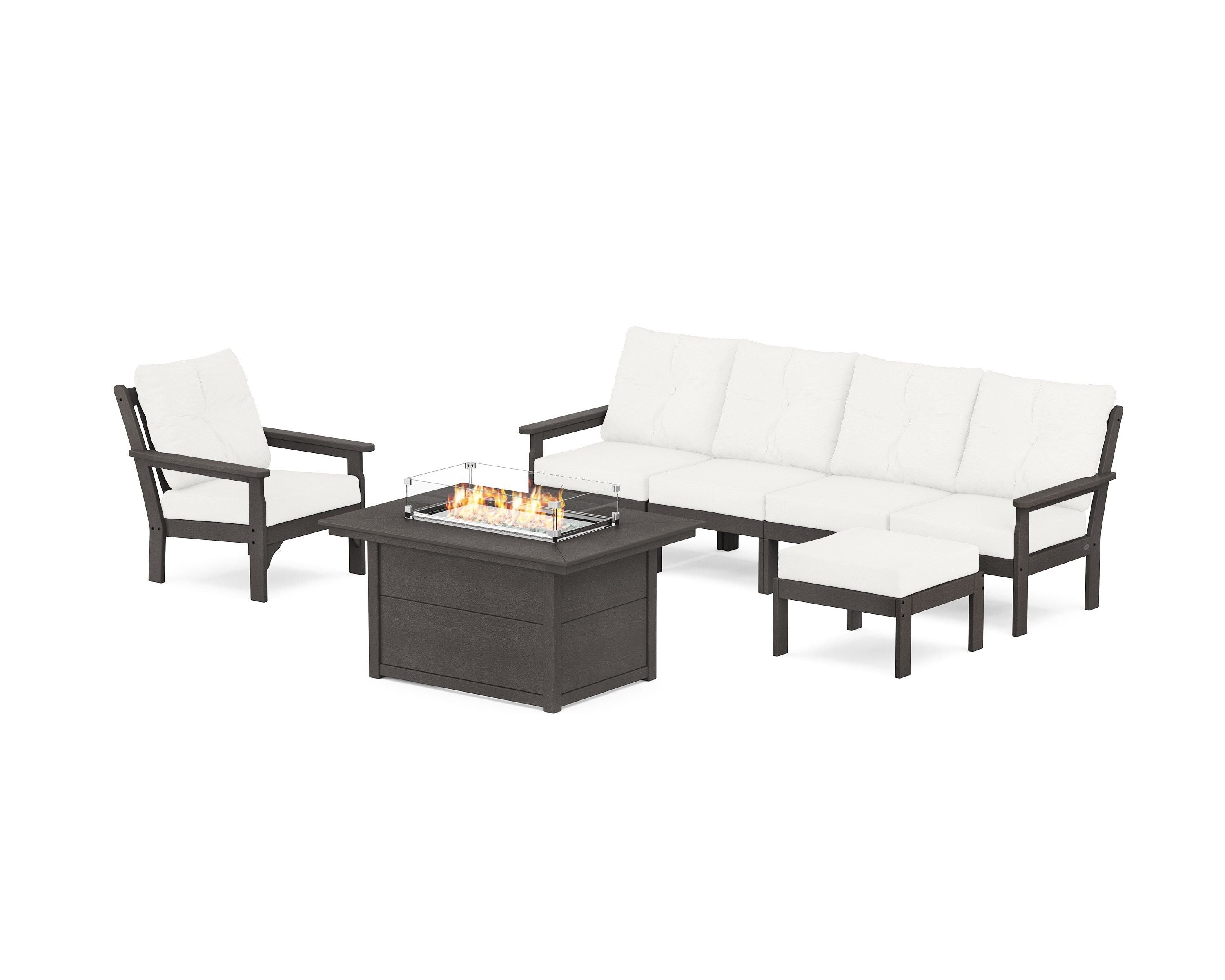 POLYWOOD Vineyard Sectional Lounge and Fire Pit Set in Vintage Coffee / Natural Linen