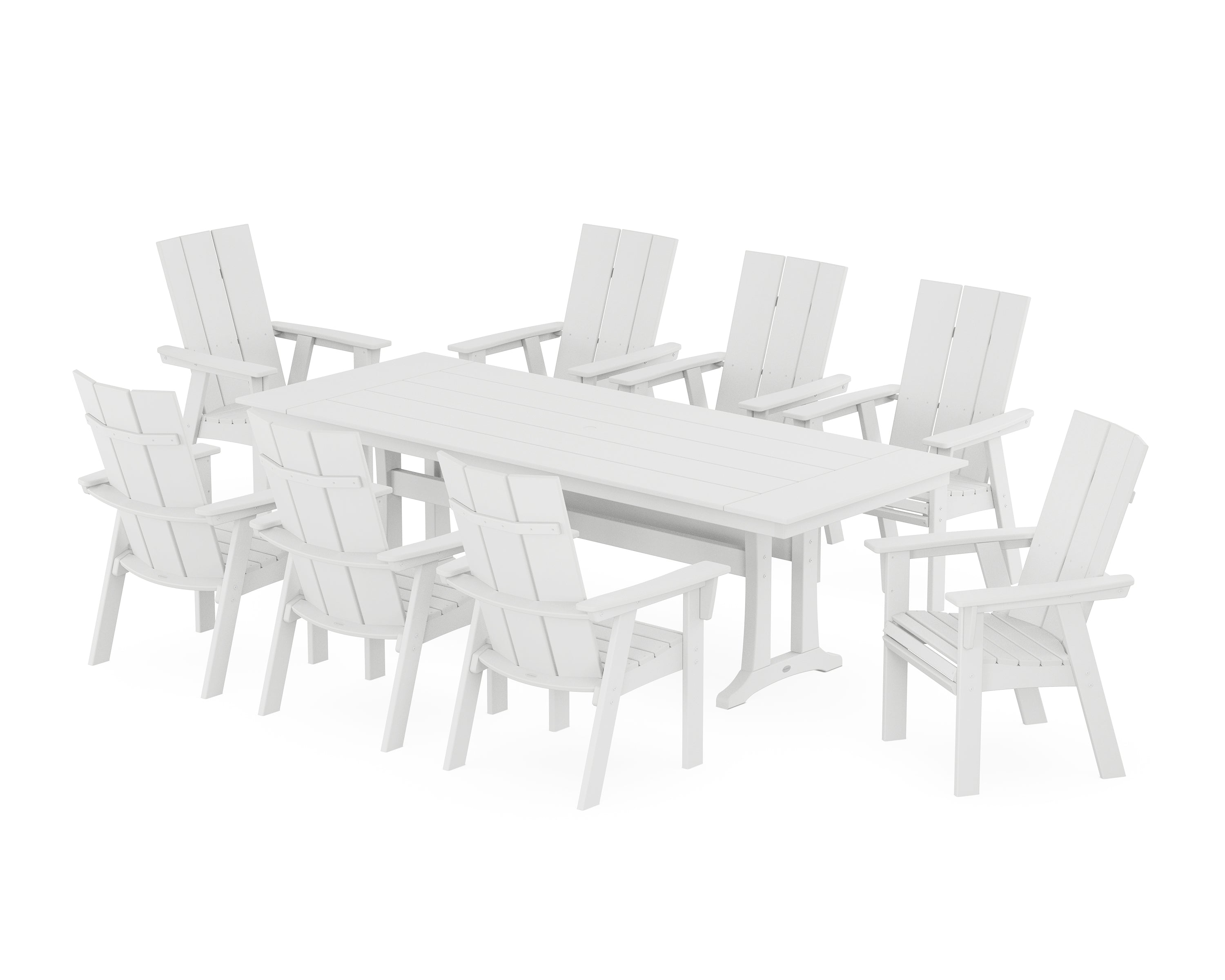 POLYWOOD® Modern Curveback Adirondack 9-Piece Farmhouse Dining Set with Trestle Legs in White