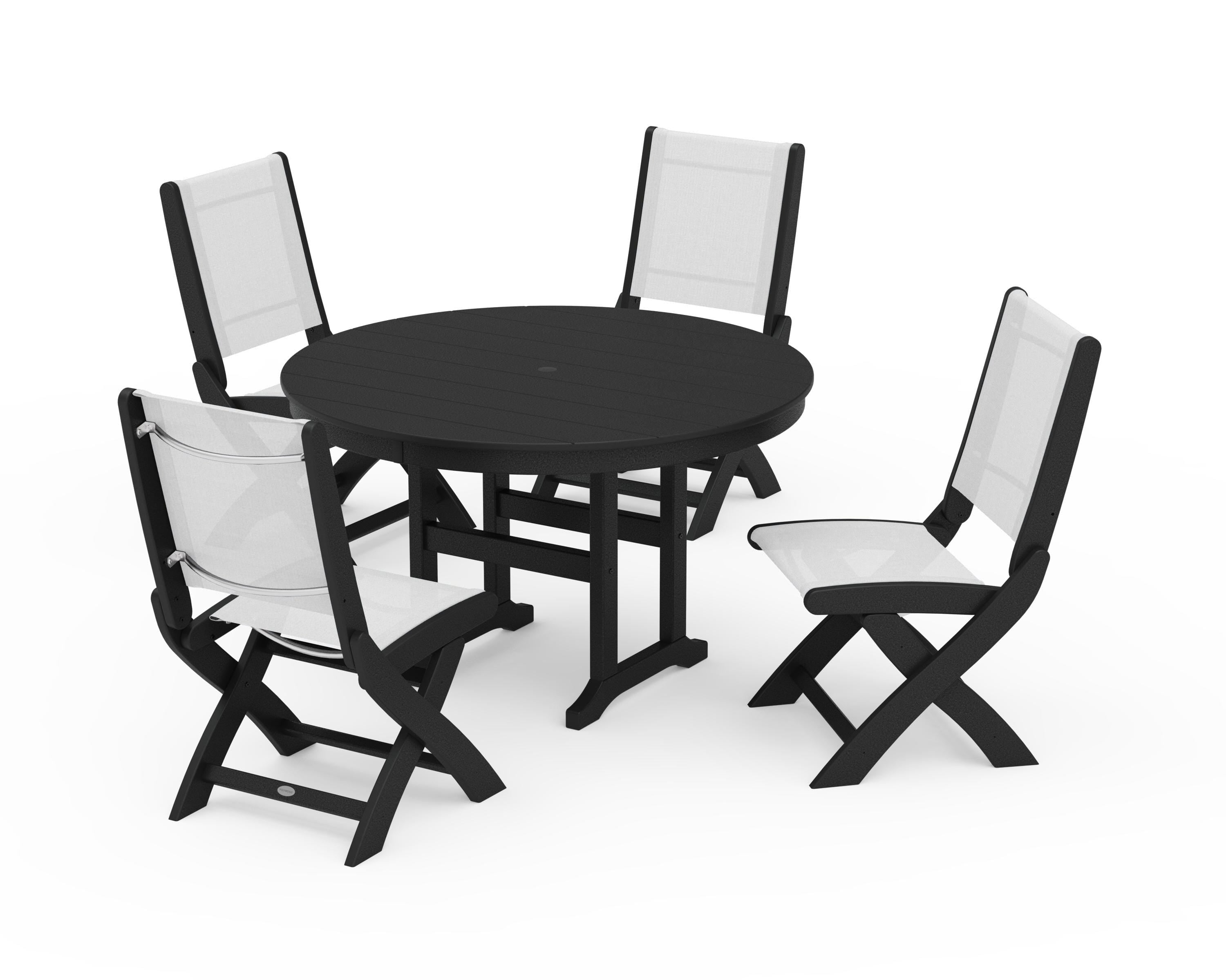 POLYWOOD Coastal Folding Side Chair 5-Piece Round Dining Set in Black / White Sling