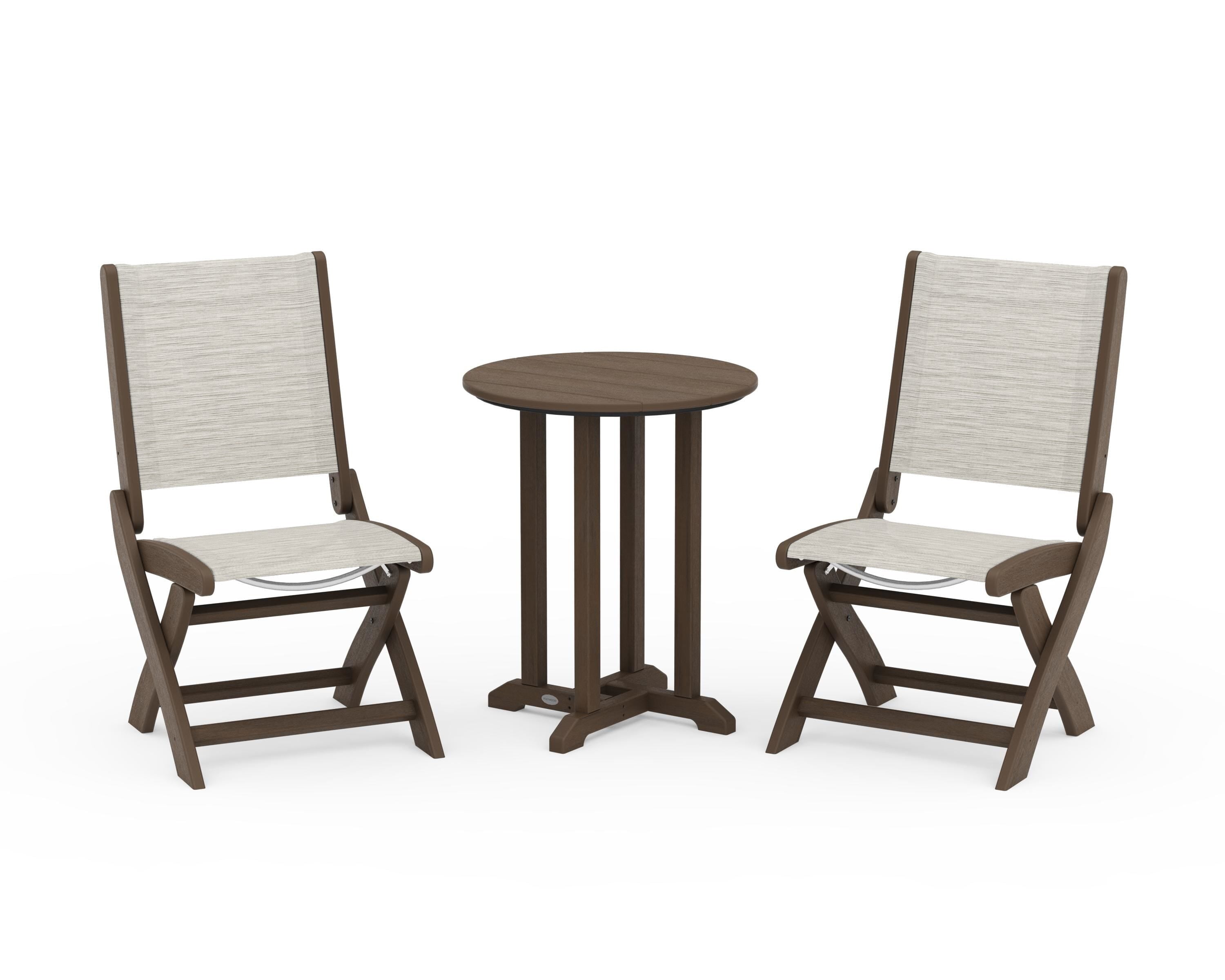 POLYWOOD Coastal Folding Side Chair 3-Piece Round Bistro Dining Set in Kona / Birch Sling