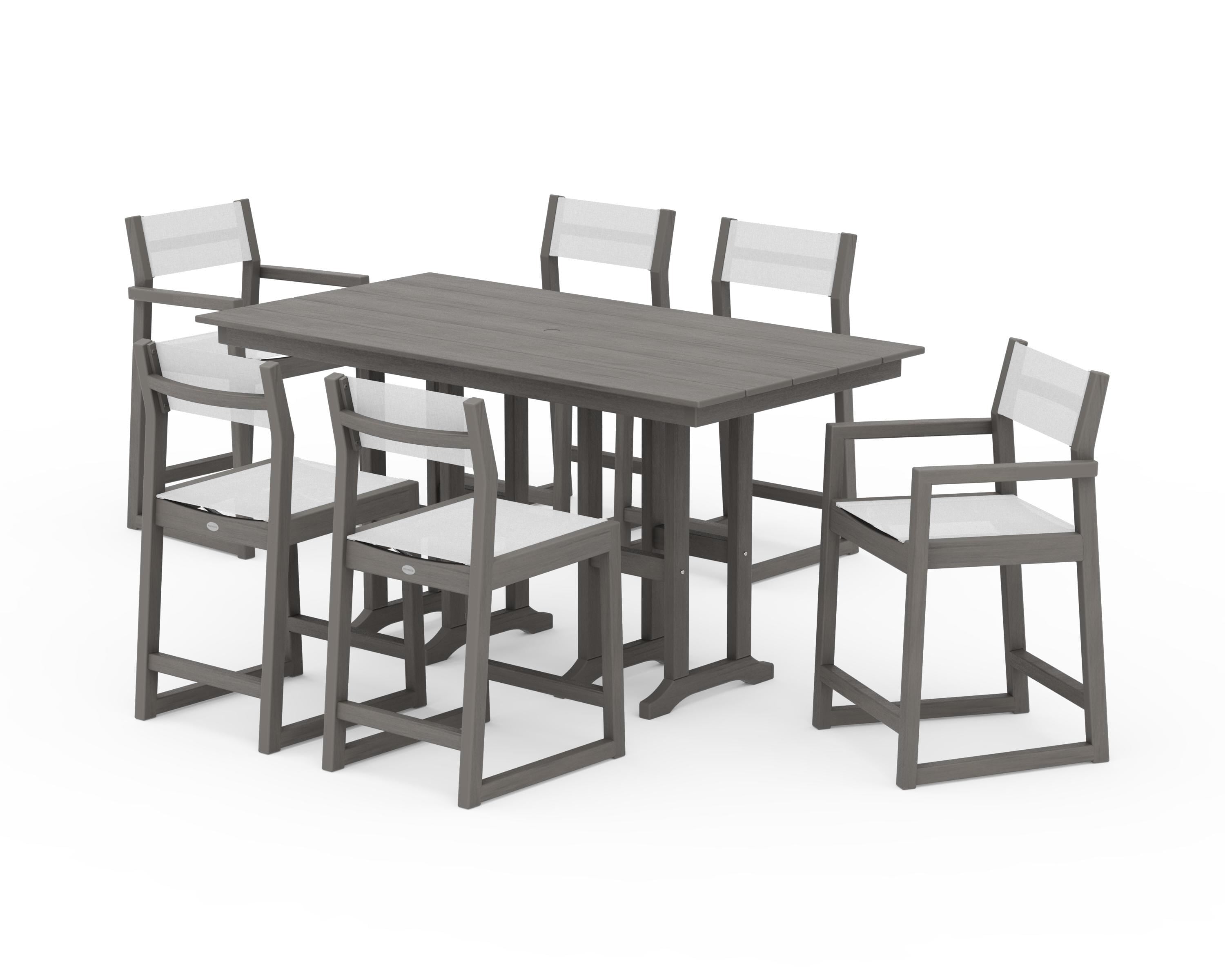 POLYWOOD EDGE Sling 7-Piece Farmhouse Counter Set with Trestle Legs in Driftwood / White Sling
