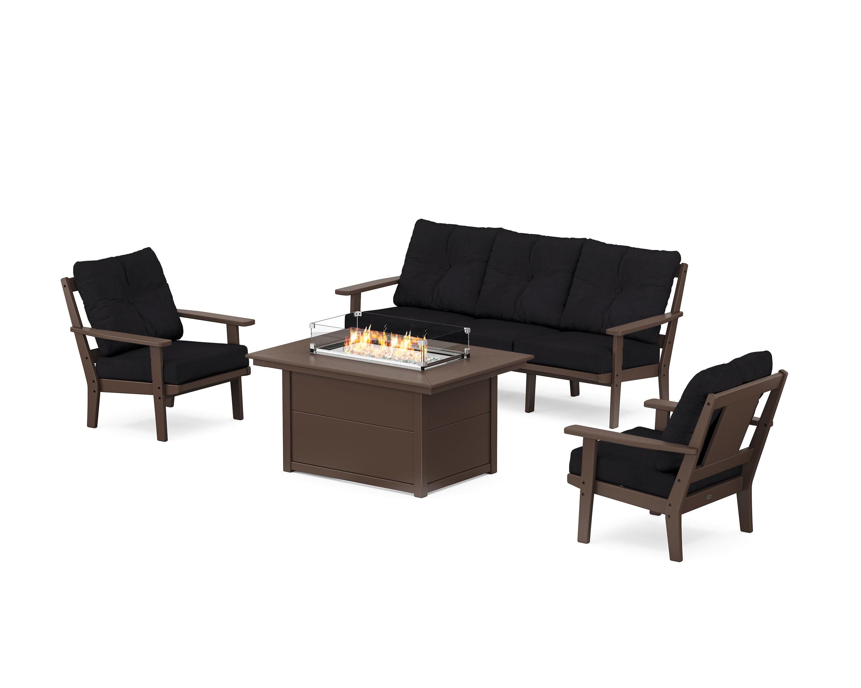 POLYWOOD Prairie Deep Seating Fire Pit Table Set in Mahogany / Midnight Linen