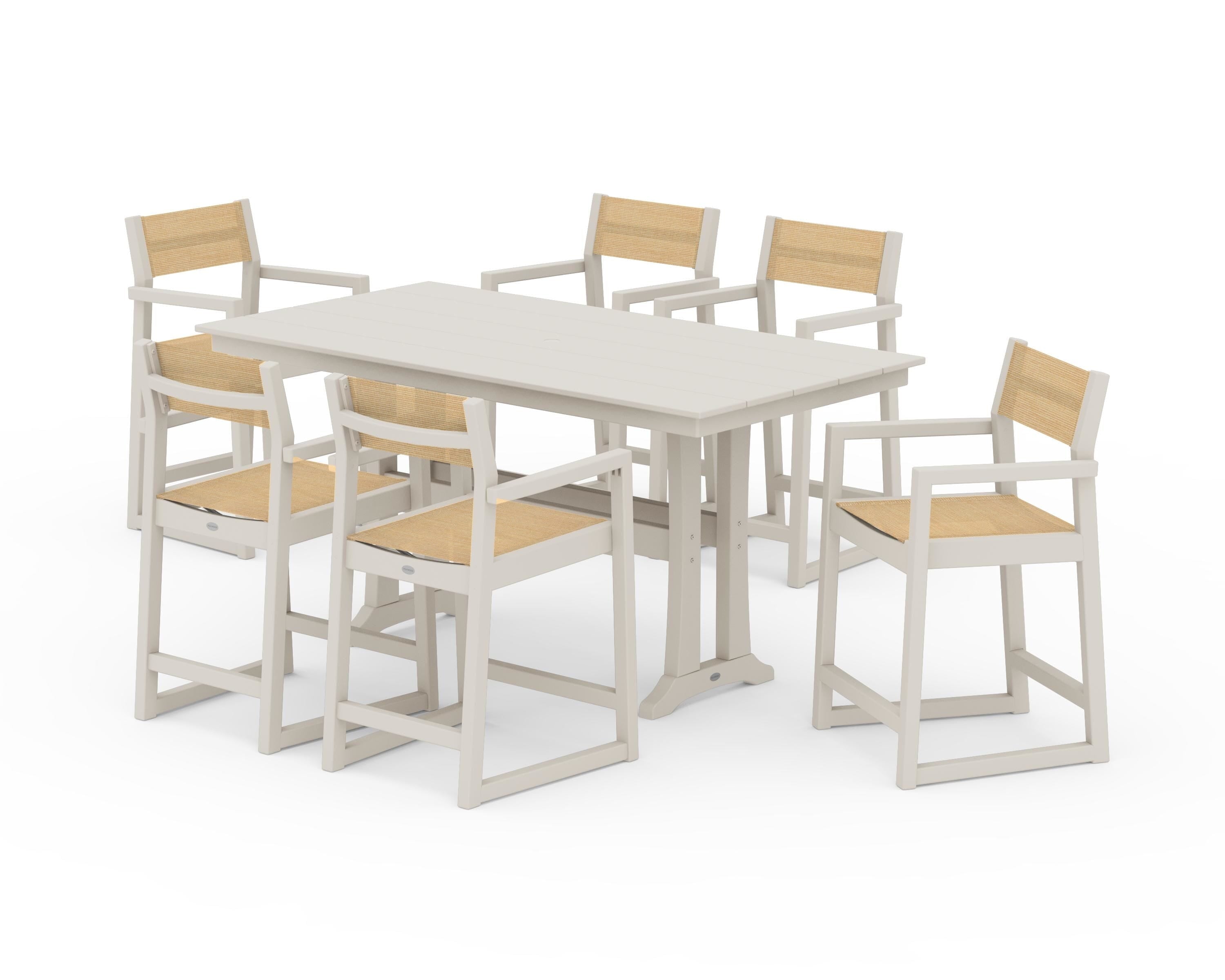 POLYWOOD EDGE Sling Arm Chair 7-Piece Farmhouse Counter Set with Trestle Legs in Sand / Dupioni Apricot Sling