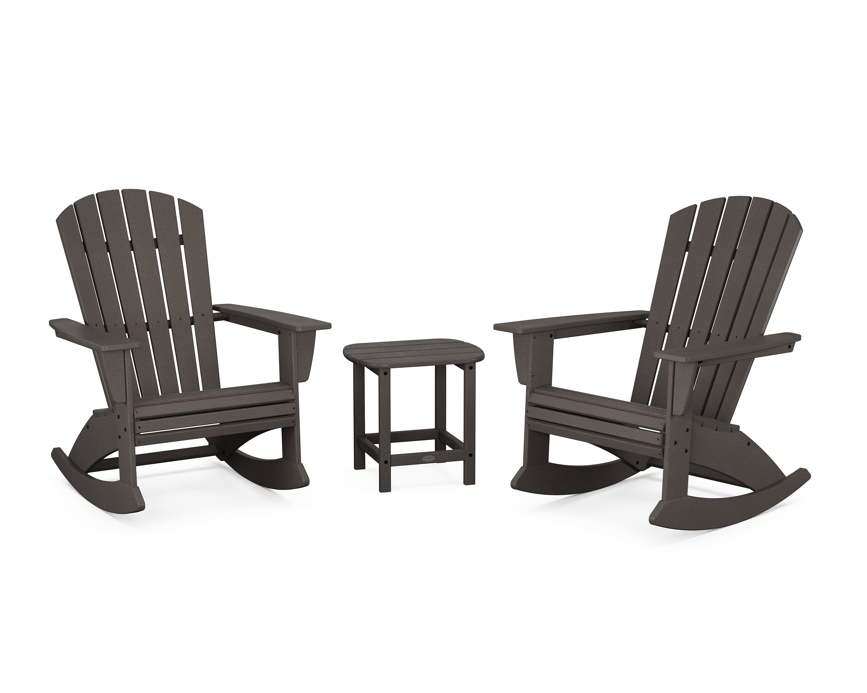 POLYWOOD Nautical Curveback 3-Piece Adirondack Rocking Chair Set in Vintage Coffee