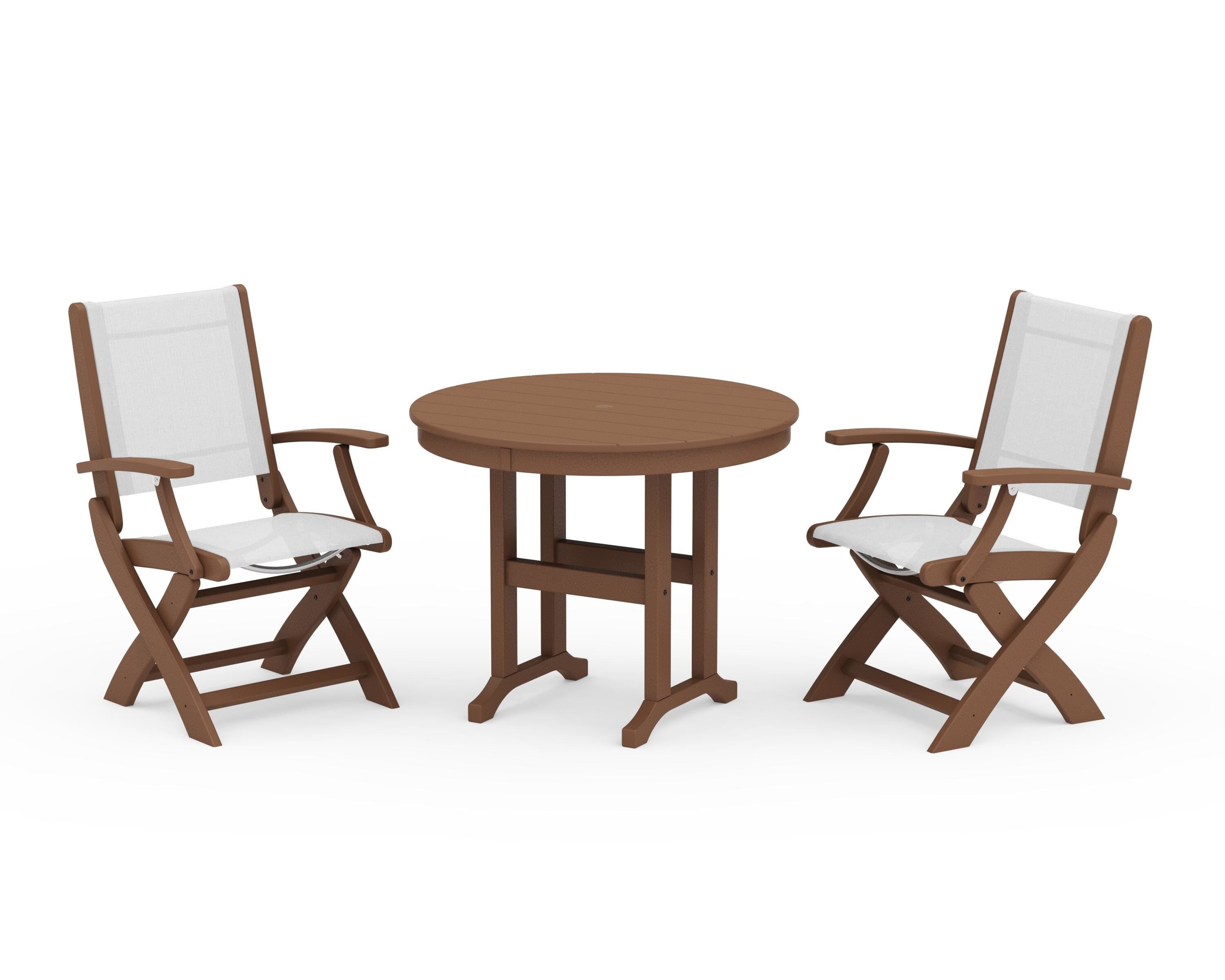 POLYWOOD Coastal Folding Chair 3-Piece Round Dining Set in Teak / White Sling