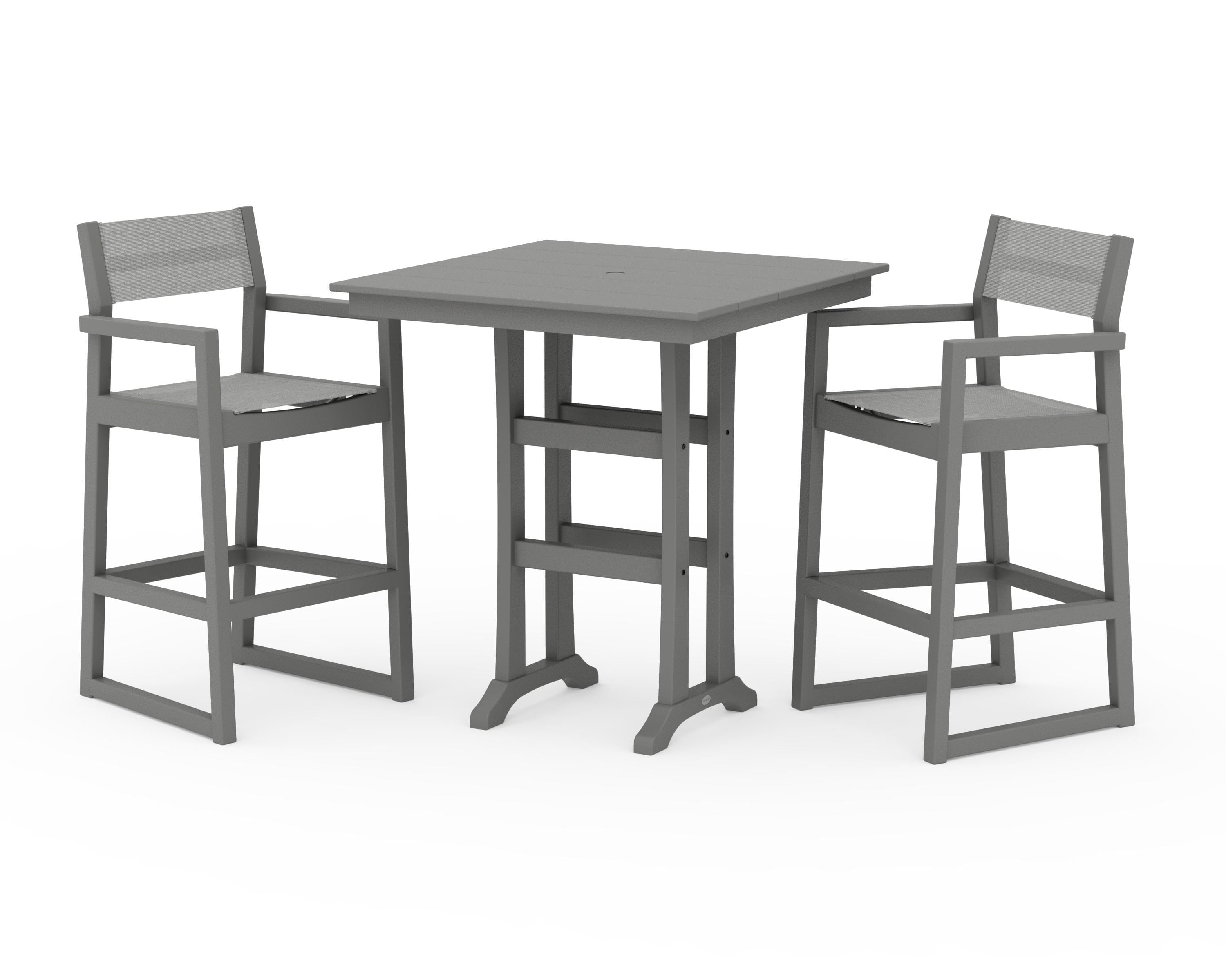 POLYWOOD EDGE Sling Arm Chair 3-Piece Farmhouse Bar Set with Trestle Legs in Slate Grey / Metallic Sling