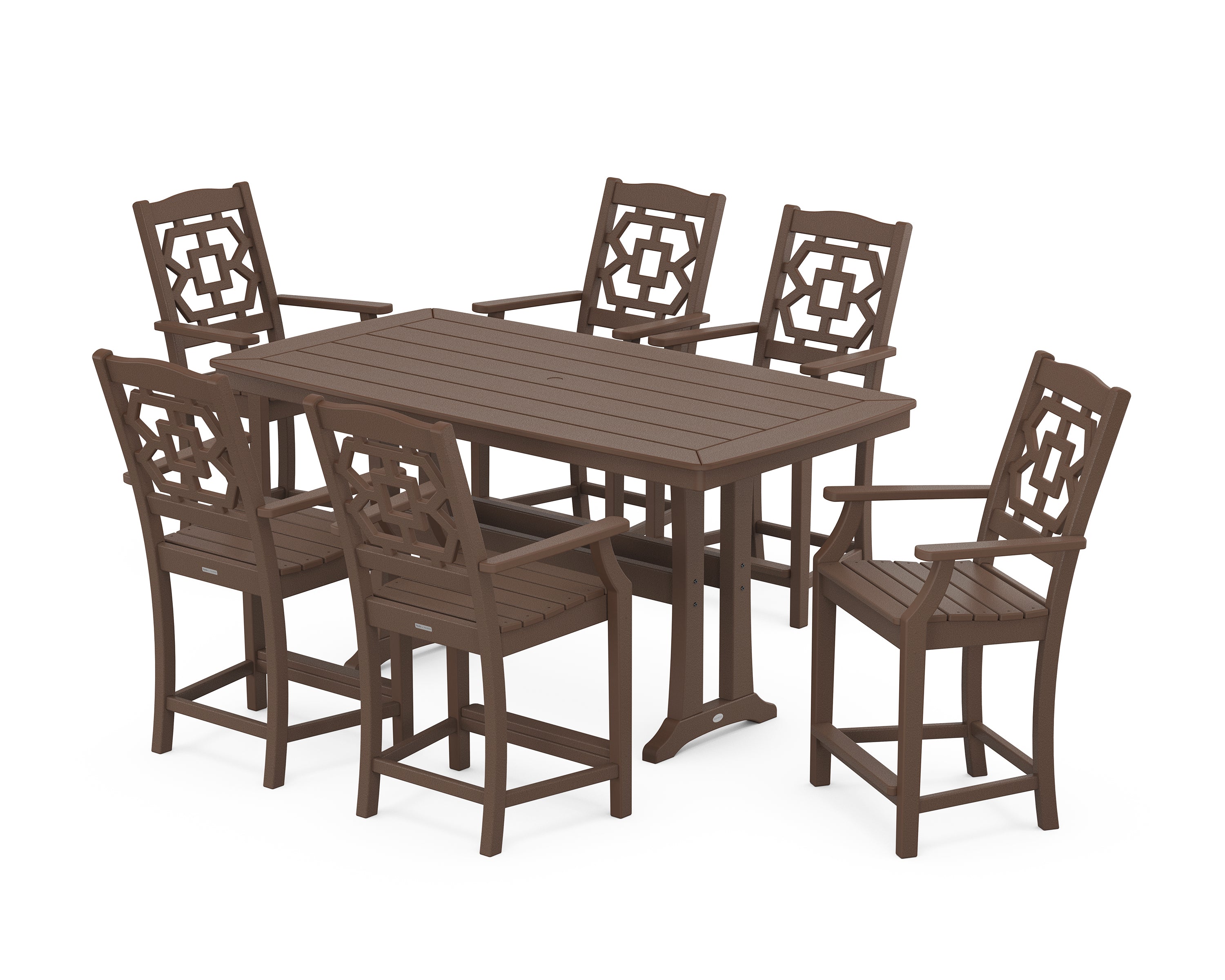 Martha Stewart by POLYWOOD® Chinoiserie Arm Chair 7-Piece Counter Set with Trestle Legs in Mahogany