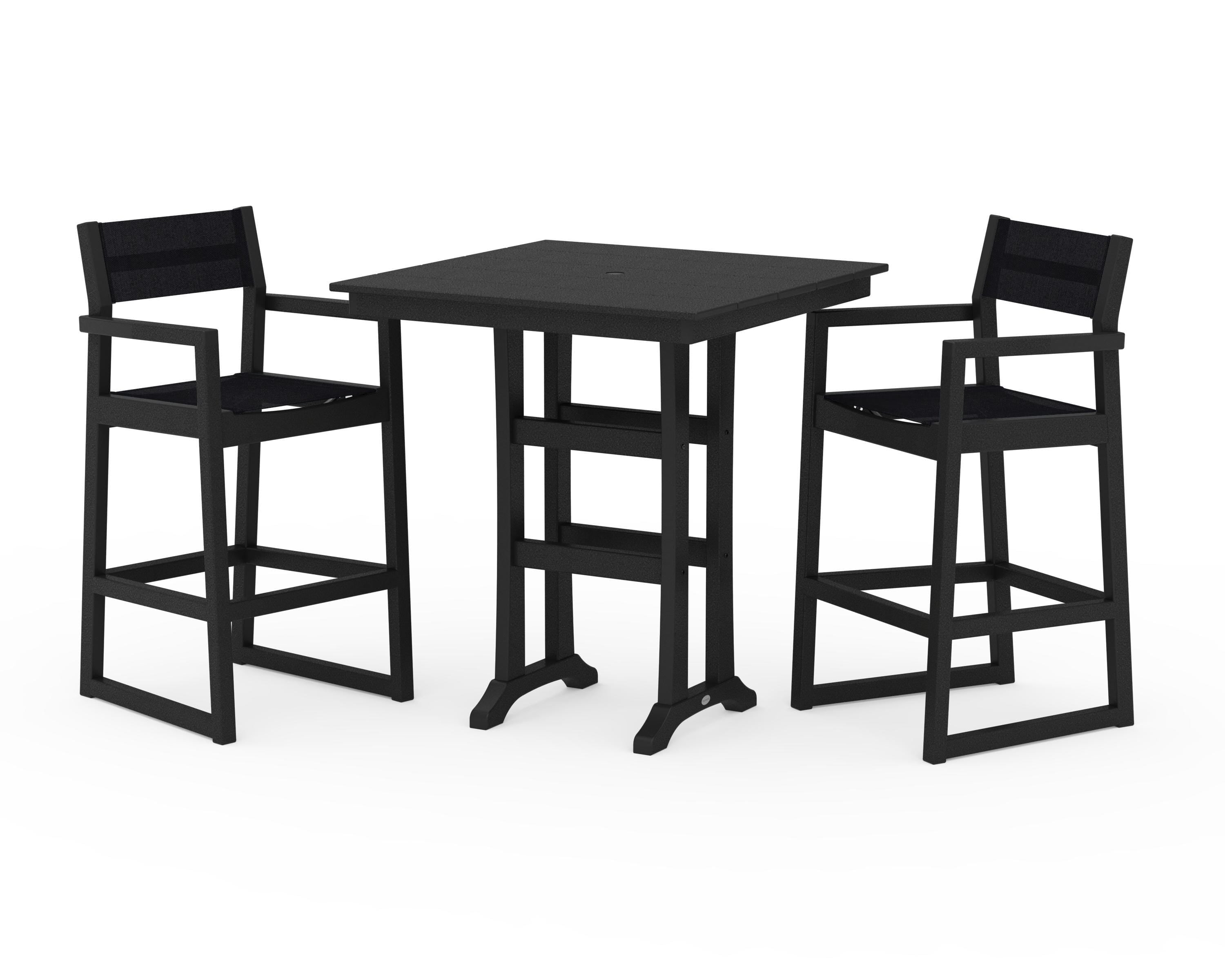 POLYWOOD EDGE Sling Arm Chair 3-Piece Farmhouse Bar Set with Trestle Legs in Black / Black Sling