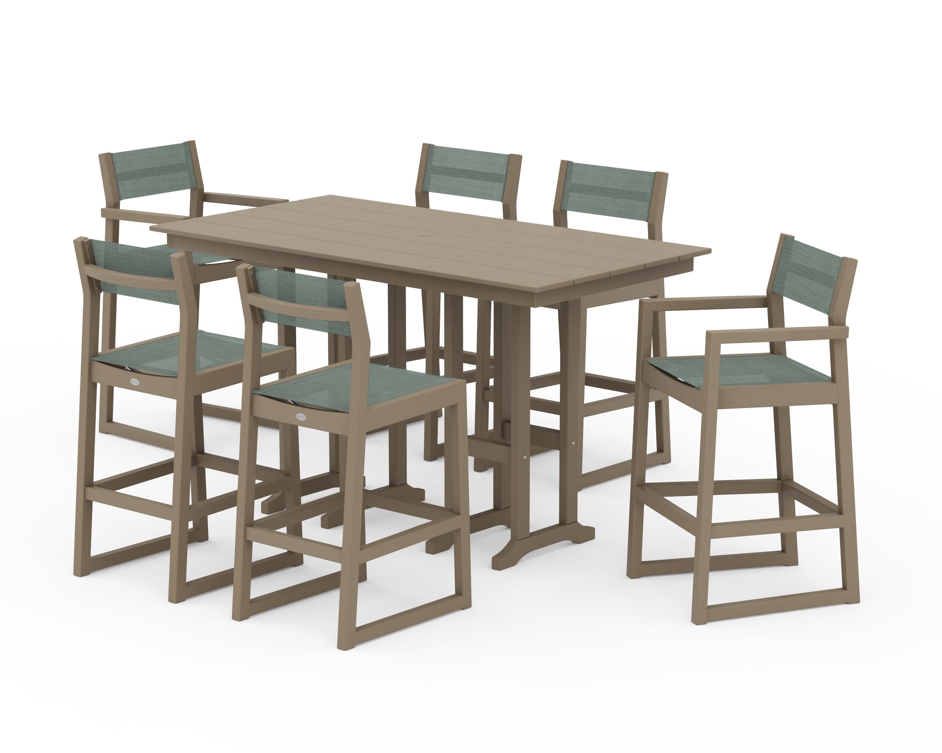 POLYWOOD EDGE Sling 7-Piece Farmhouse Bar Set in Vintage Sahara / Dupioni Sea Mist Sling