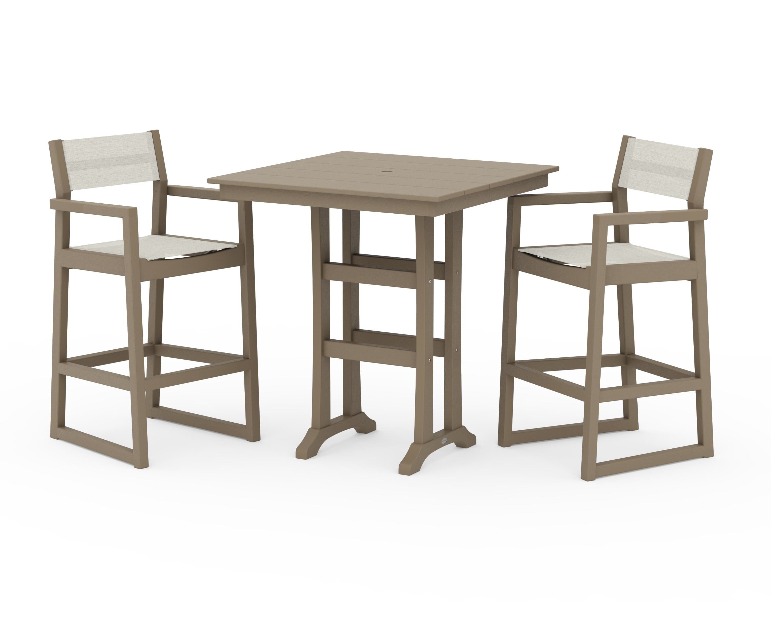 POLYWOOD EDGE Sling Arm Chair 3-Piece Farmhouse Bar Set with Trestle Legs in Vintage Sahara / Parchment Sling