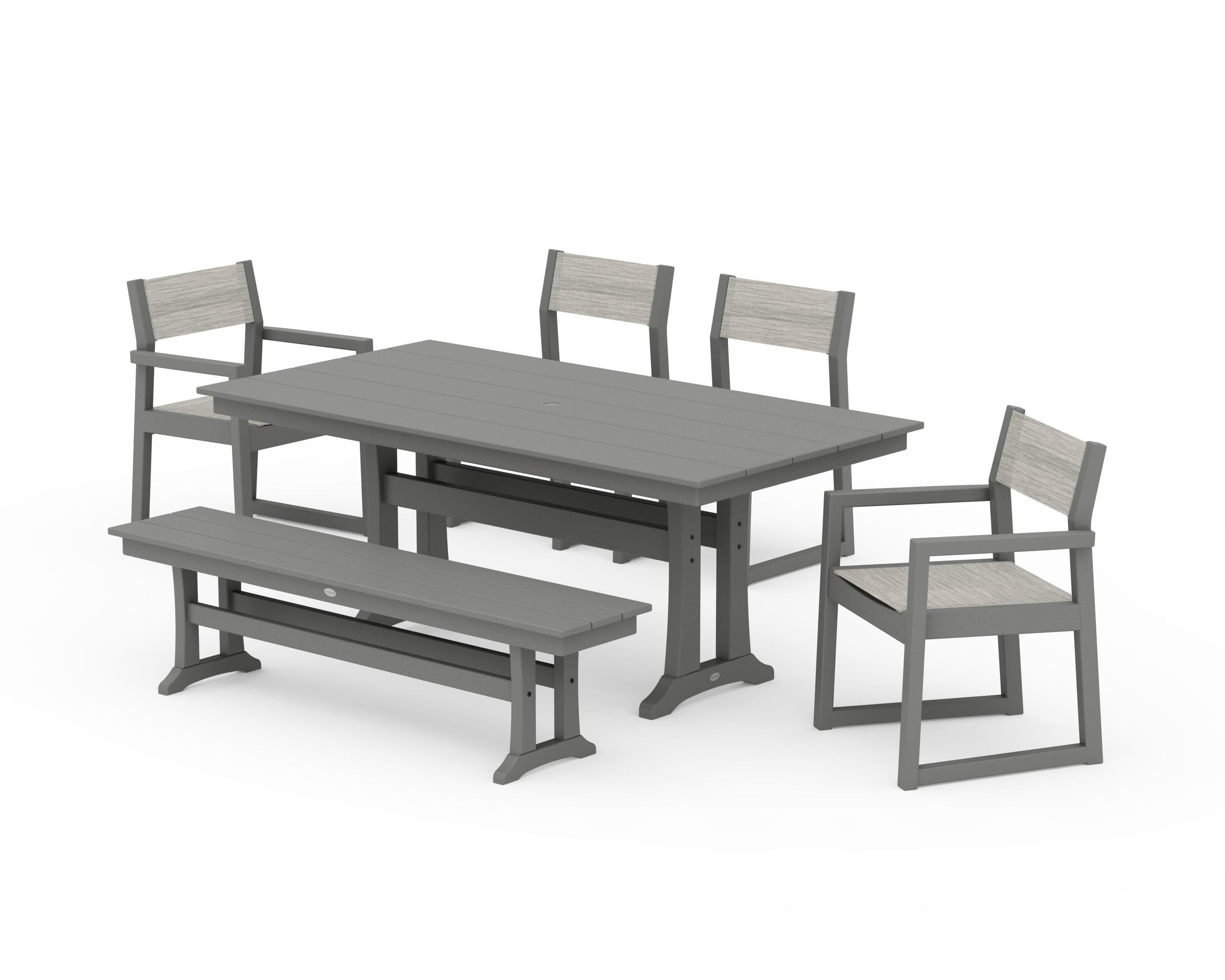 POLYWOOD EDGE Sling 6-Piece Farmhouse Dining Set With Trestle Legs in Slate Grey / Birch Sling