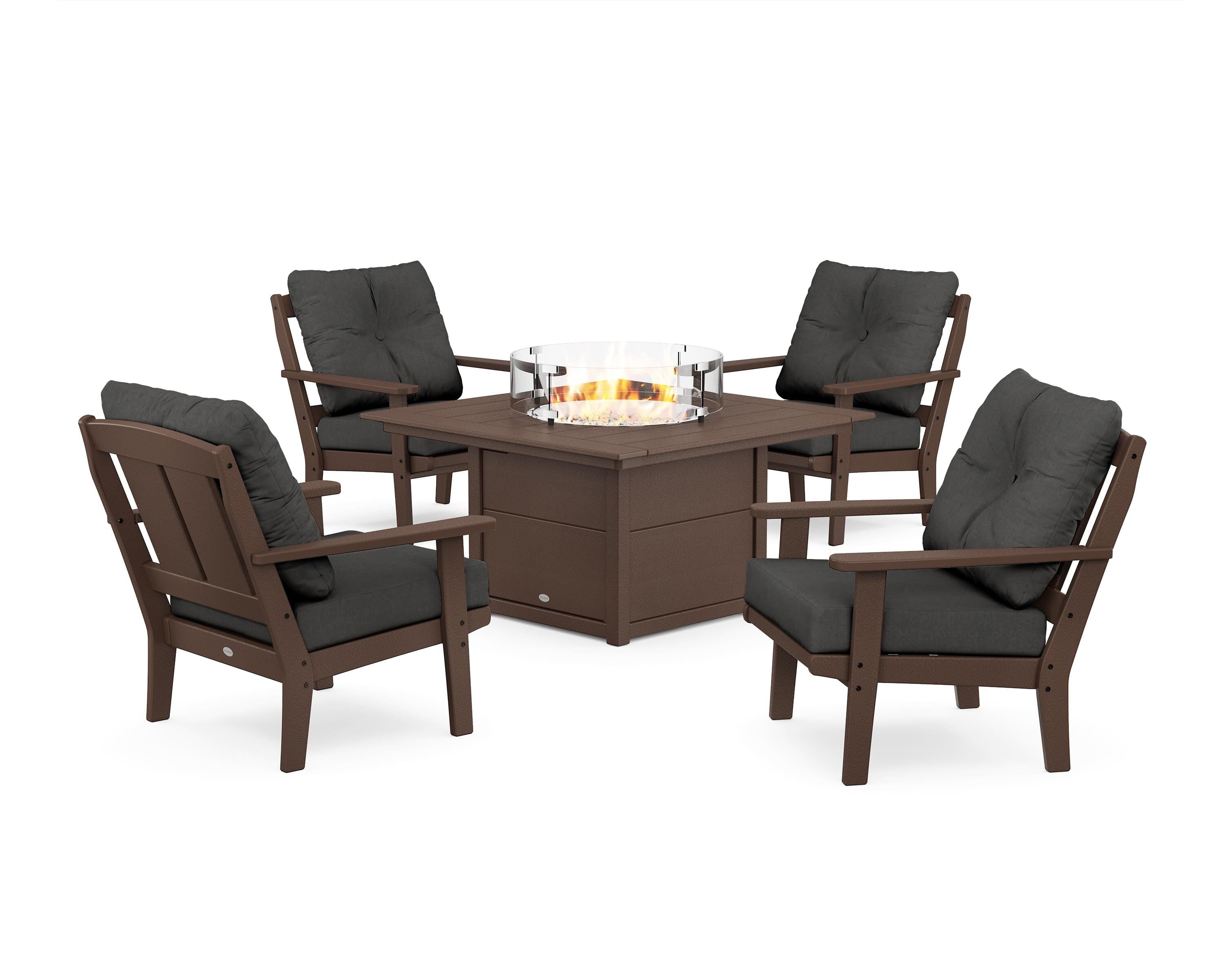 POLYWOOD Mission 5-Piece Deep Seating Set with Fire Pit Table in Mahogany / Spectrum Carbon