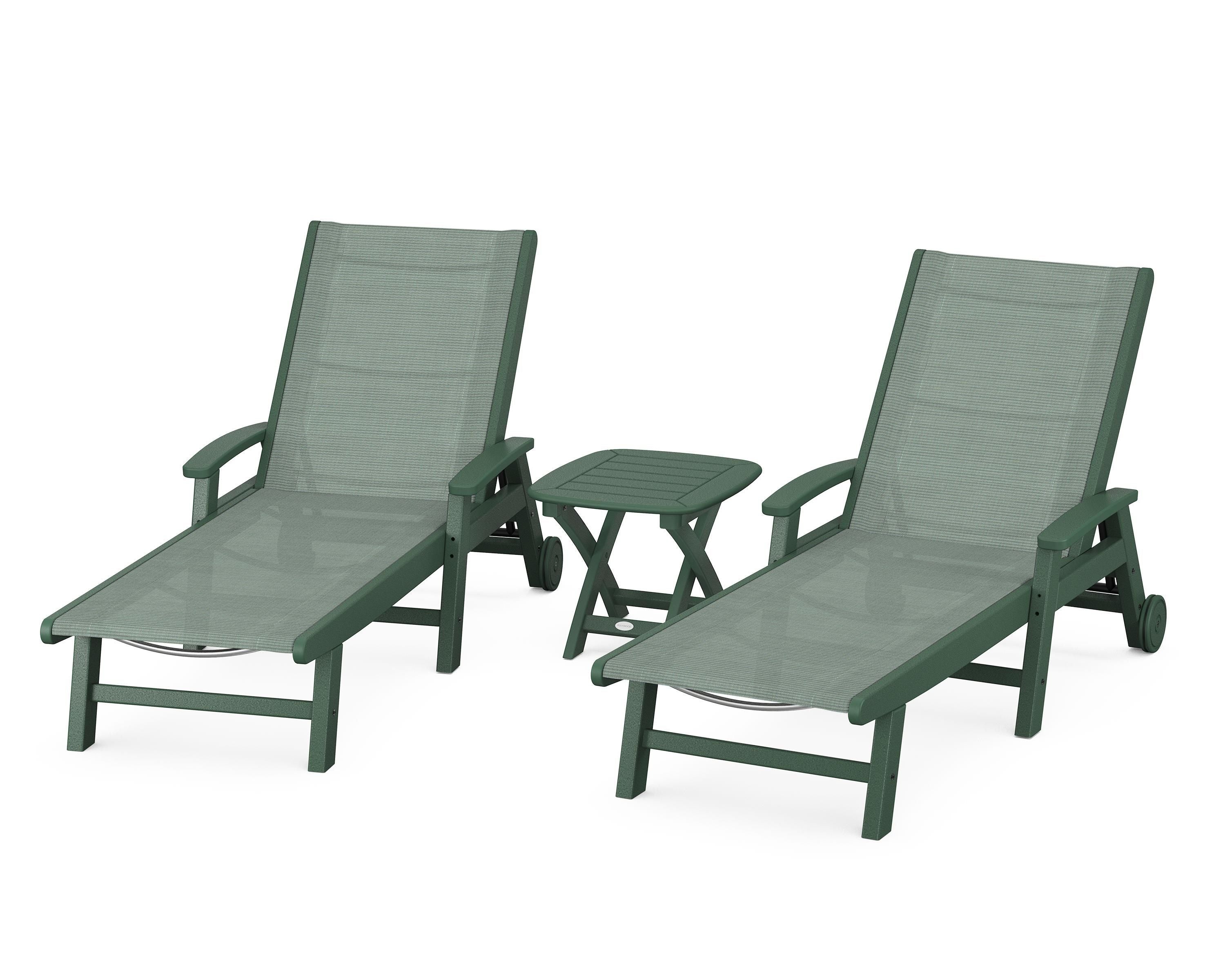 POLYWOOD Coastal 3-Piece Wheeled Chaise Set in Green / Dupioni Sea Mist Sling