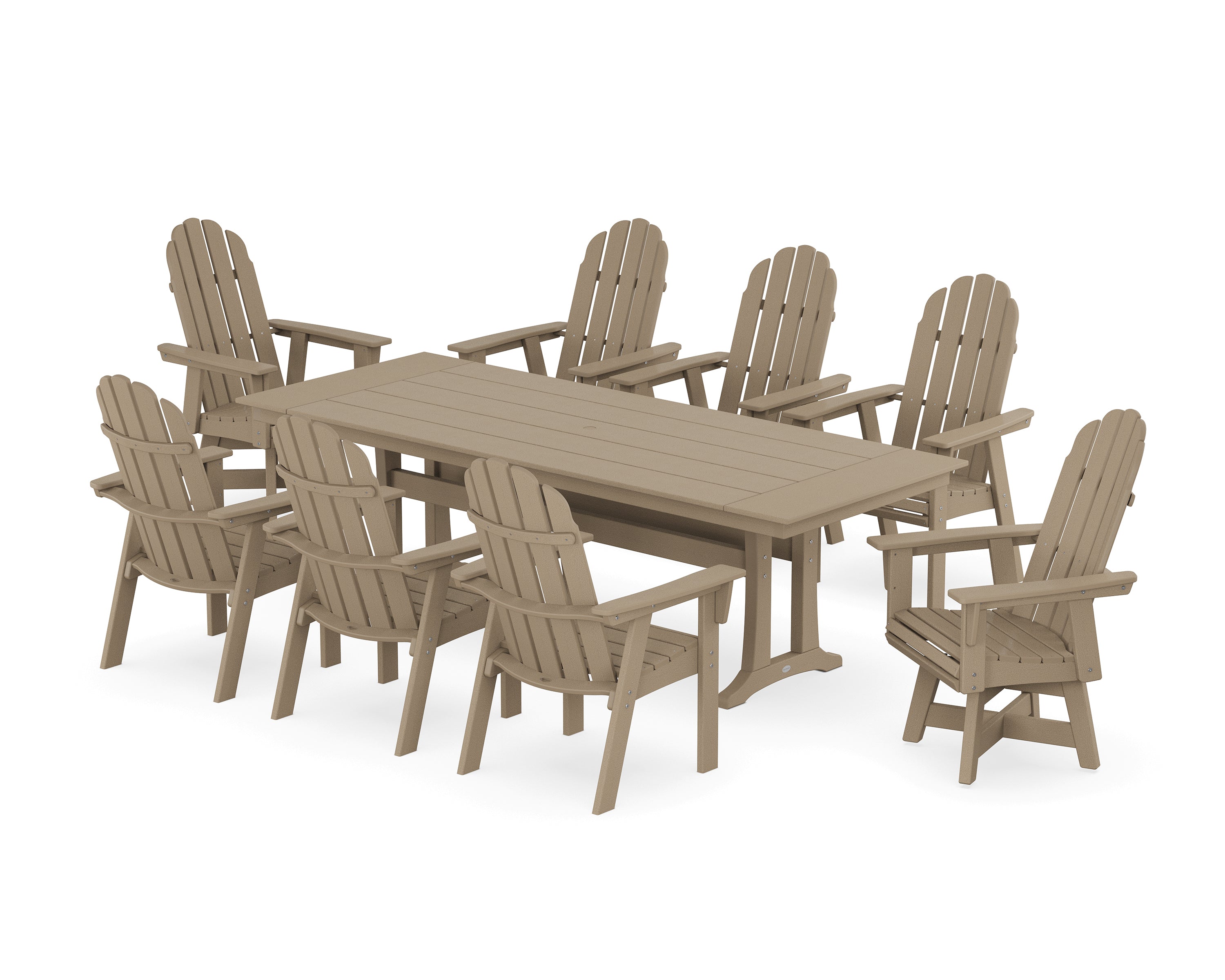 POLYWOOD® Vineyard 9-Piece Curveback Adirondack Swivel Farmhouse Dining Set with Trestle Legs in Vintage Sahara