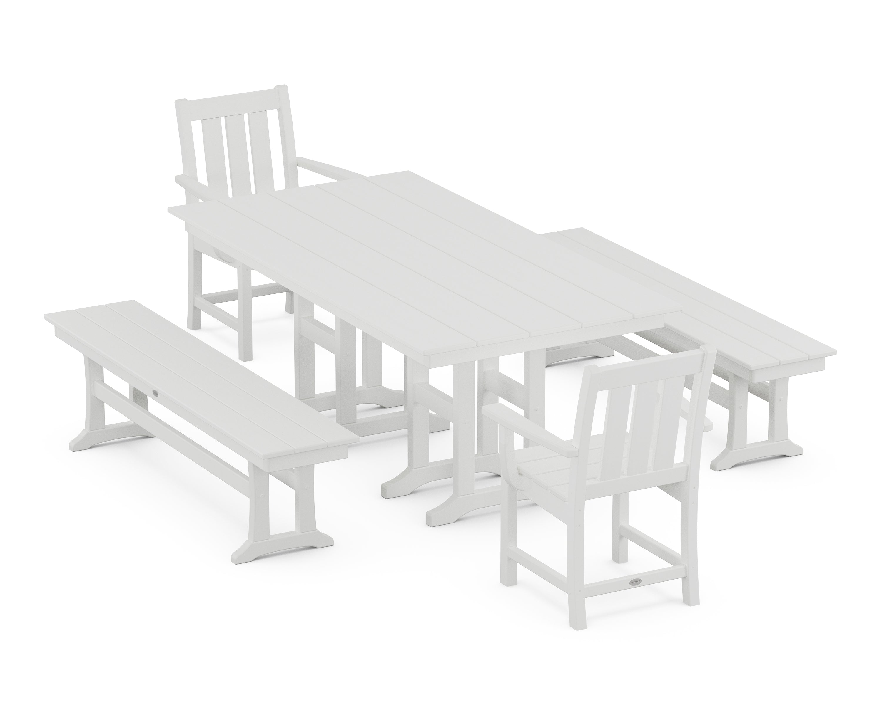 POLYWOOD® Oxford 5-Piece Farmhouse Dining Set with Benches in White