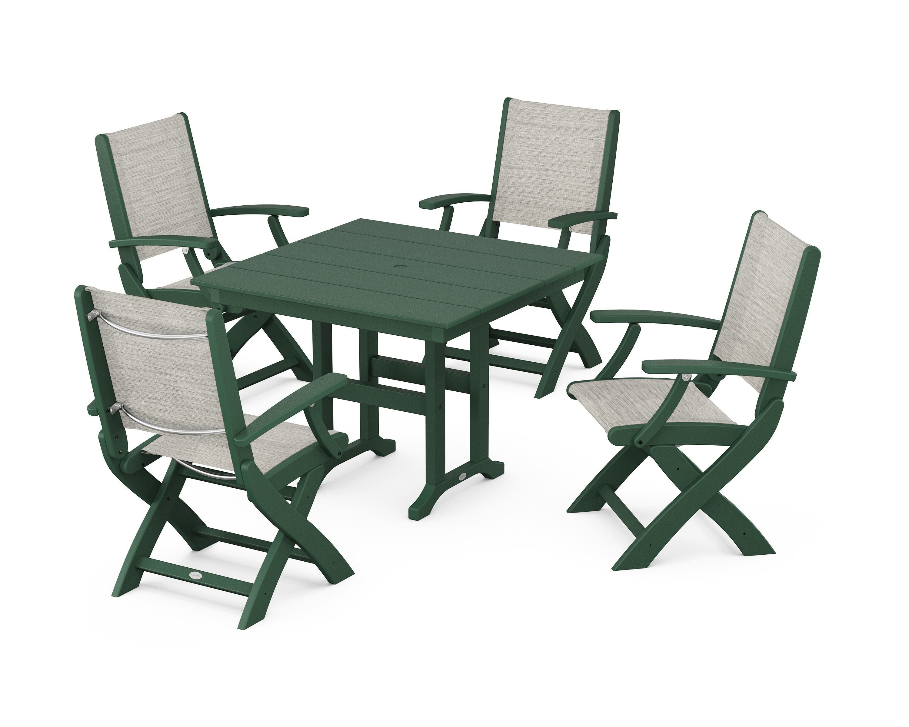 POLYWOOD Coastal Folding Chair 5-Piece Farmhouse Dining Set in Green / Birch Sling