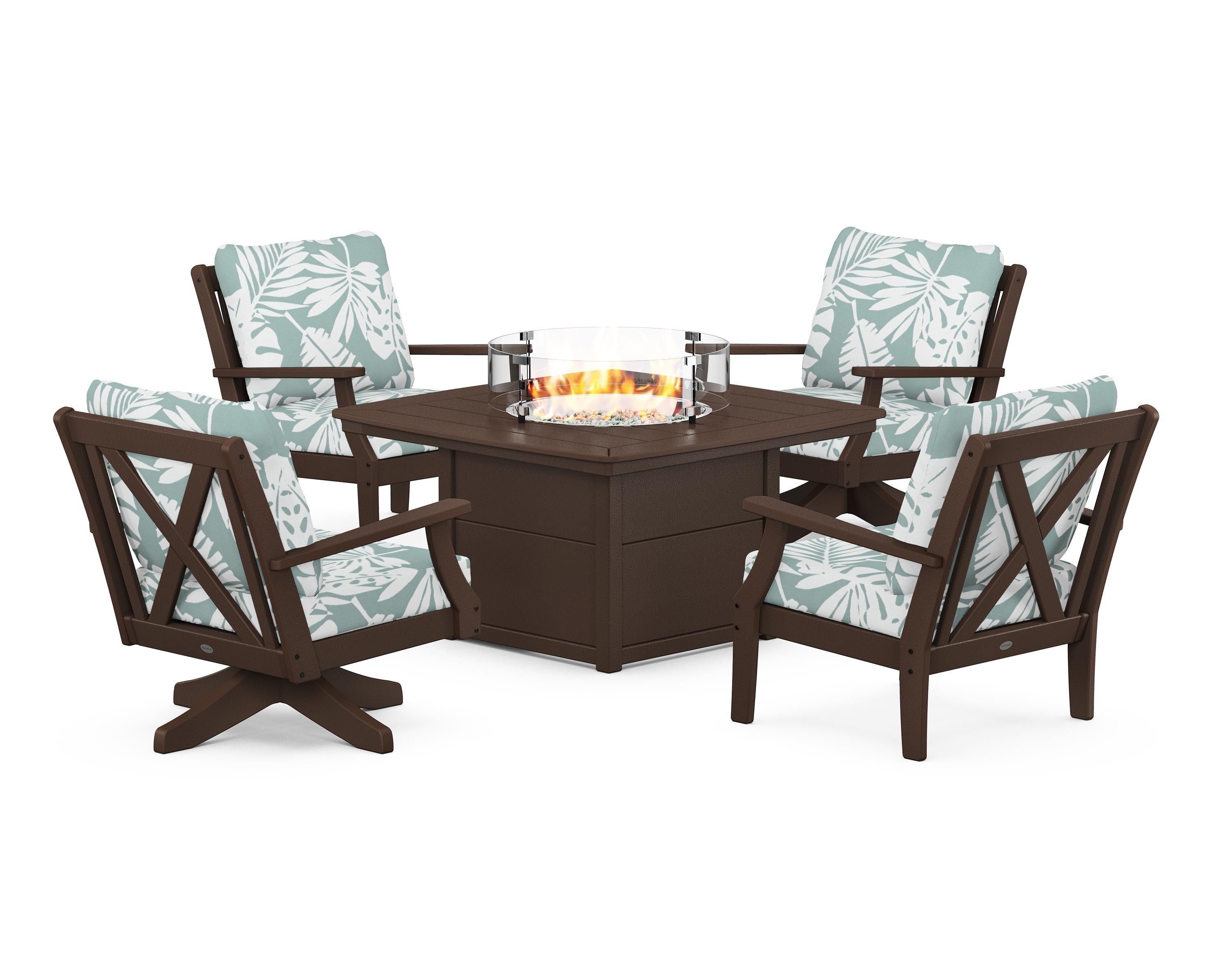 POLYWOOD Braxton 5-Piece Deep Seating Set with Fire Table in Mahogany / Leaf Glacier Spa