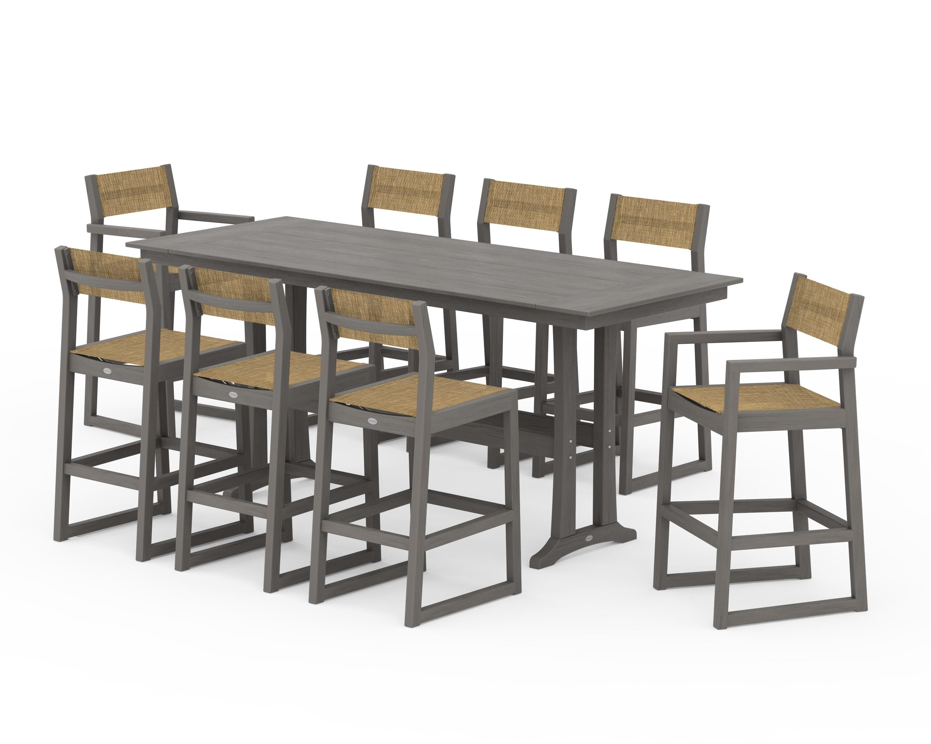 POLYWOOD EDGE Sling 9-Piece Farmhouse Bar Set with Trestle Legs in Driftwood / Burlap Sling
