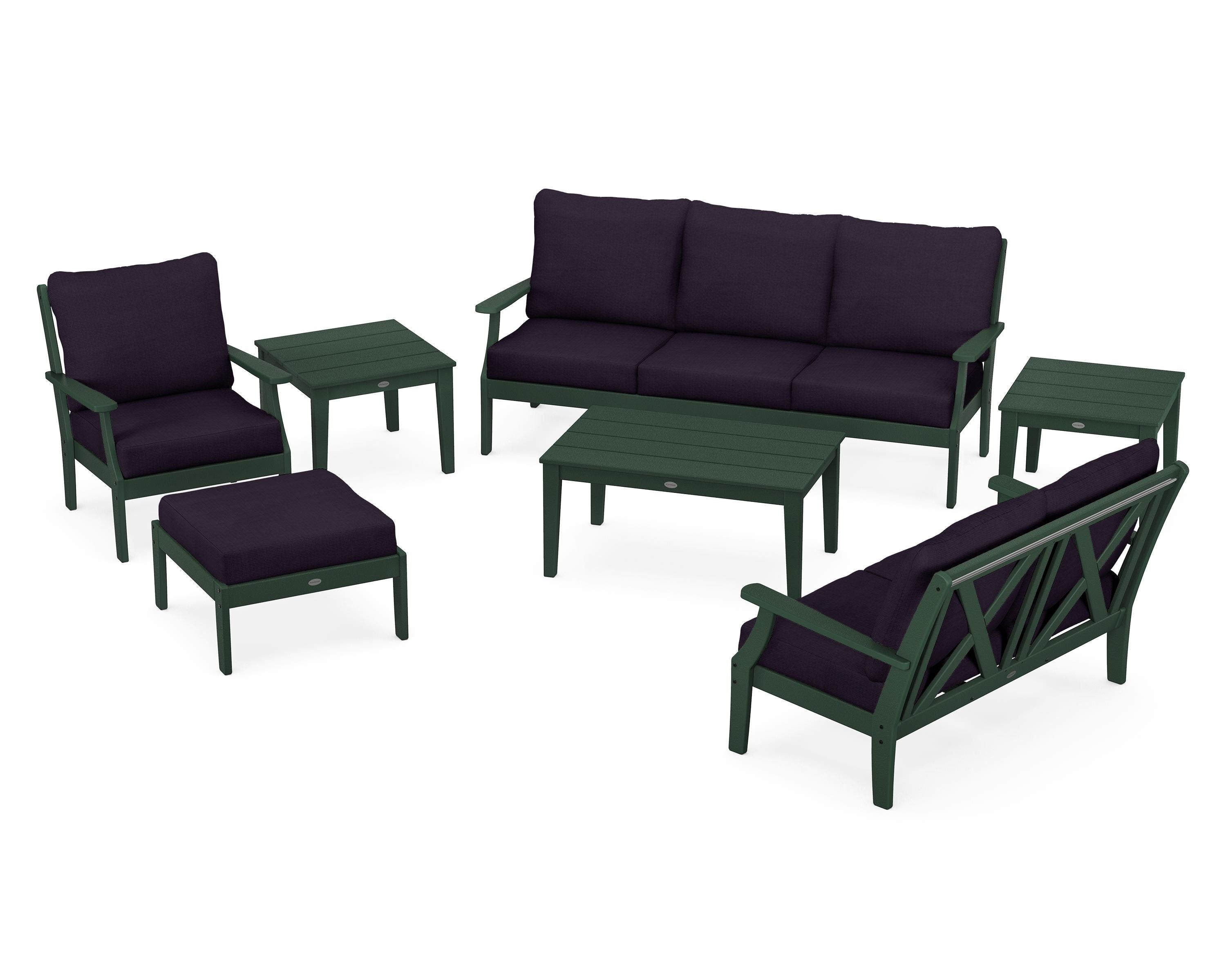 POLYWOOD Braxton 7-Piece Deep Seating Set in Green / Navy Linen