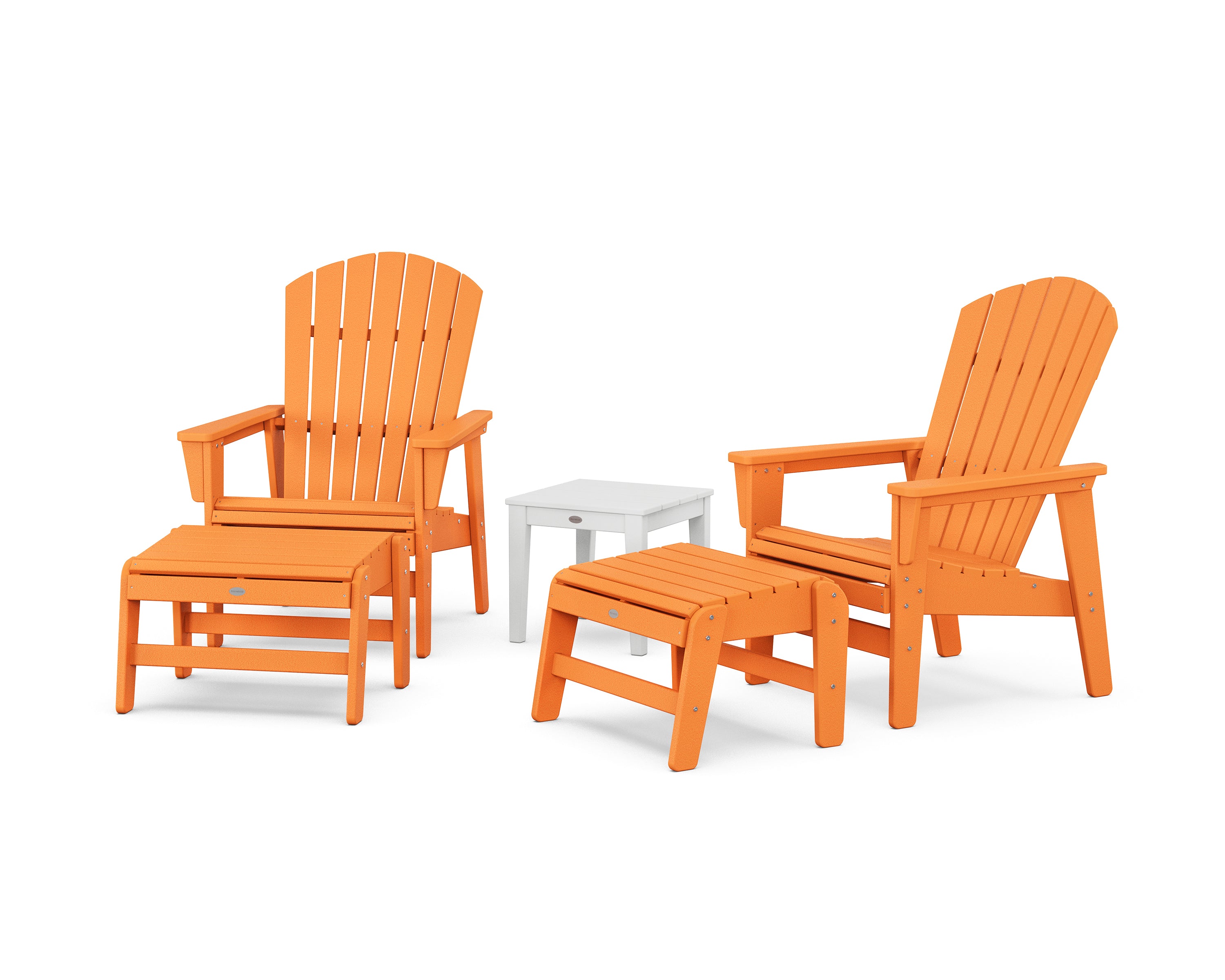 POLYWOOD 5-Piece Nautical Grand Upright Adirondack Set with Ottomans and Side Table in Tangerine / White