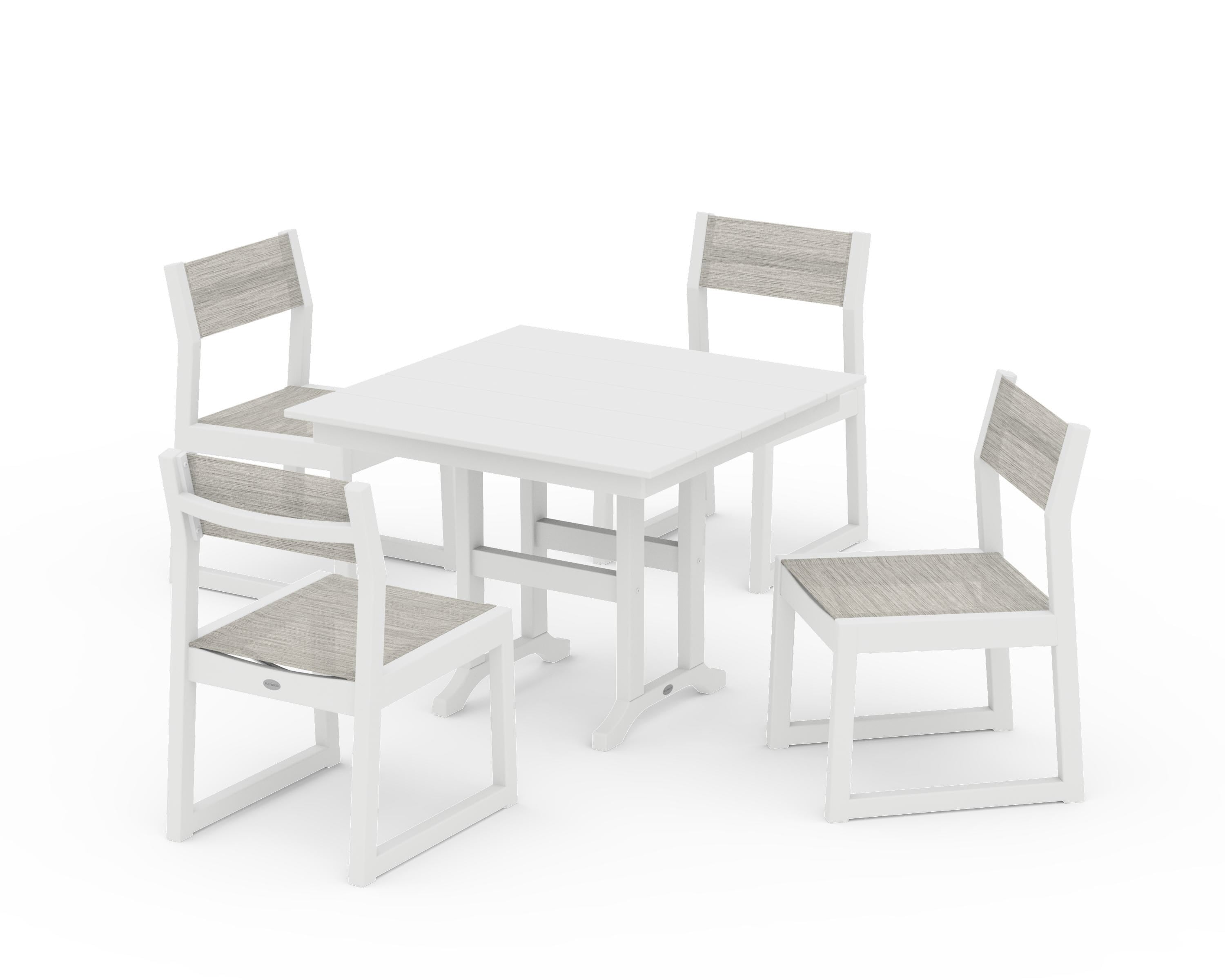 POLYWOOD EDGE Sling Side Chair 5-Piece Farmhouse Dining Set in White / Birch Sling