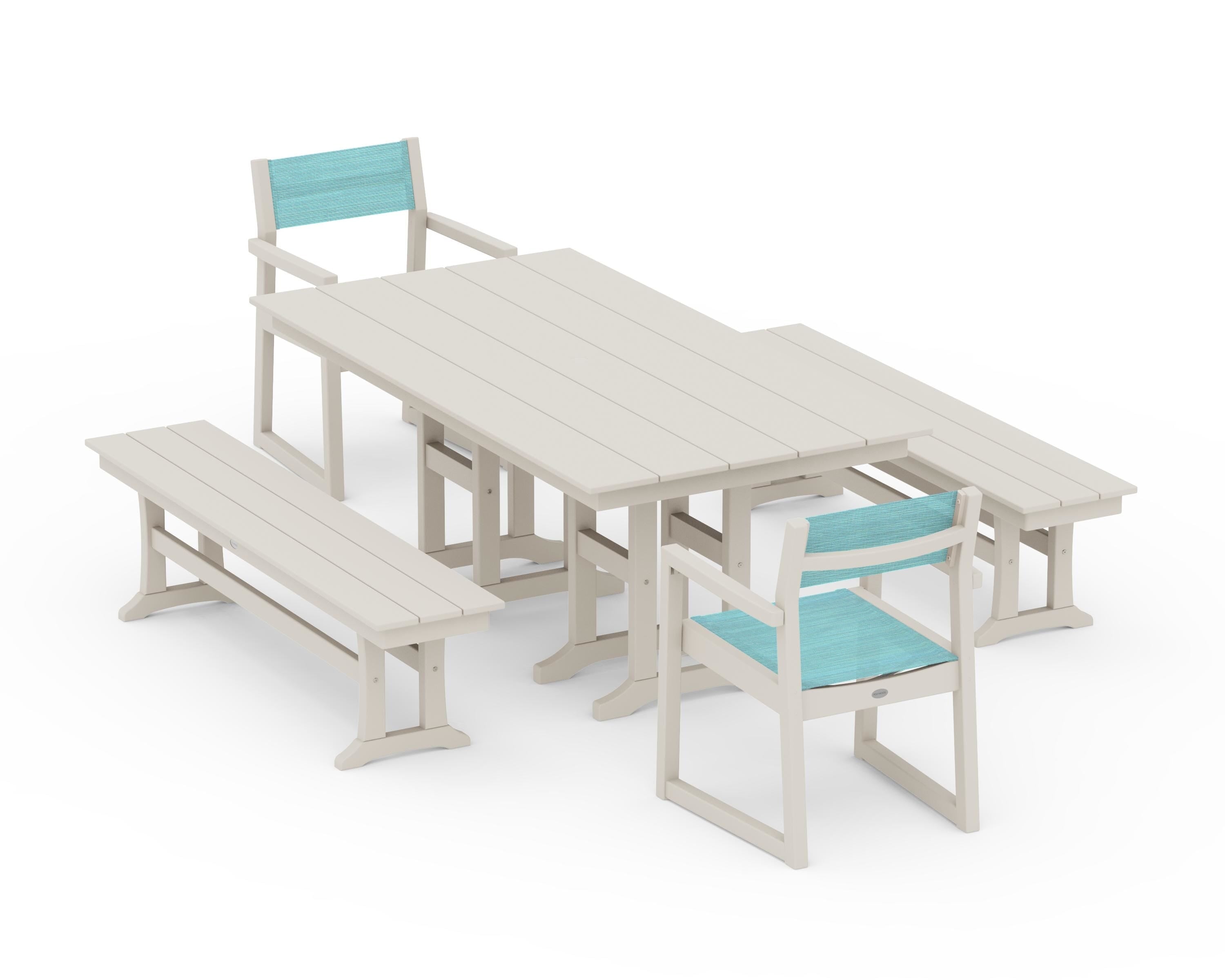 POLYWOOD EDGE Sling Arm Chair 5-Piece Farmhouse Dining Set with Benches in Sand / Dupioni Aquamarine Sling