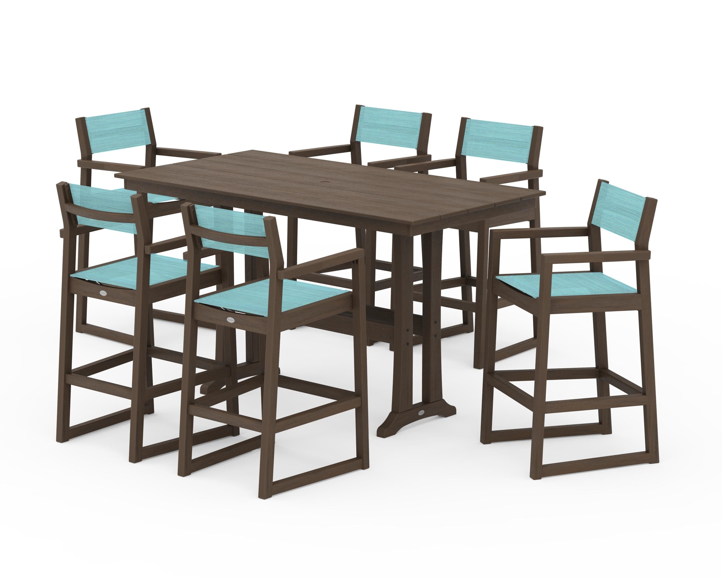 POLYWOOD EDGE Sling Arm Chair 7-Piece Farmhouse Bar Set with Trestle Legs in Kona / Dupioni Aquamarine Sling