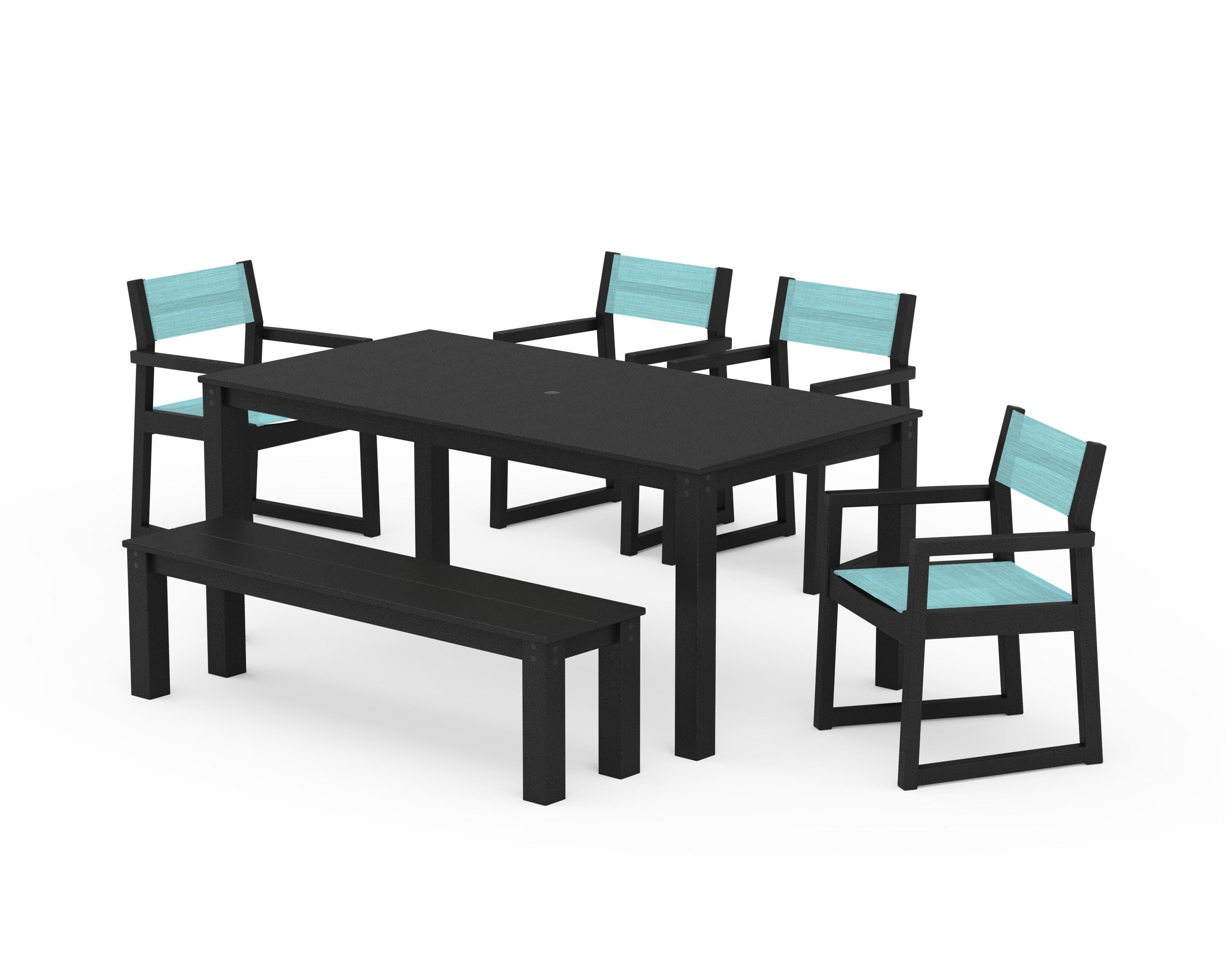 POLYWOOD EDGE Sling Arm Chair 6-Piece Parsons Dining Set with Bench in Black / Dupioni Aquamarine Sling